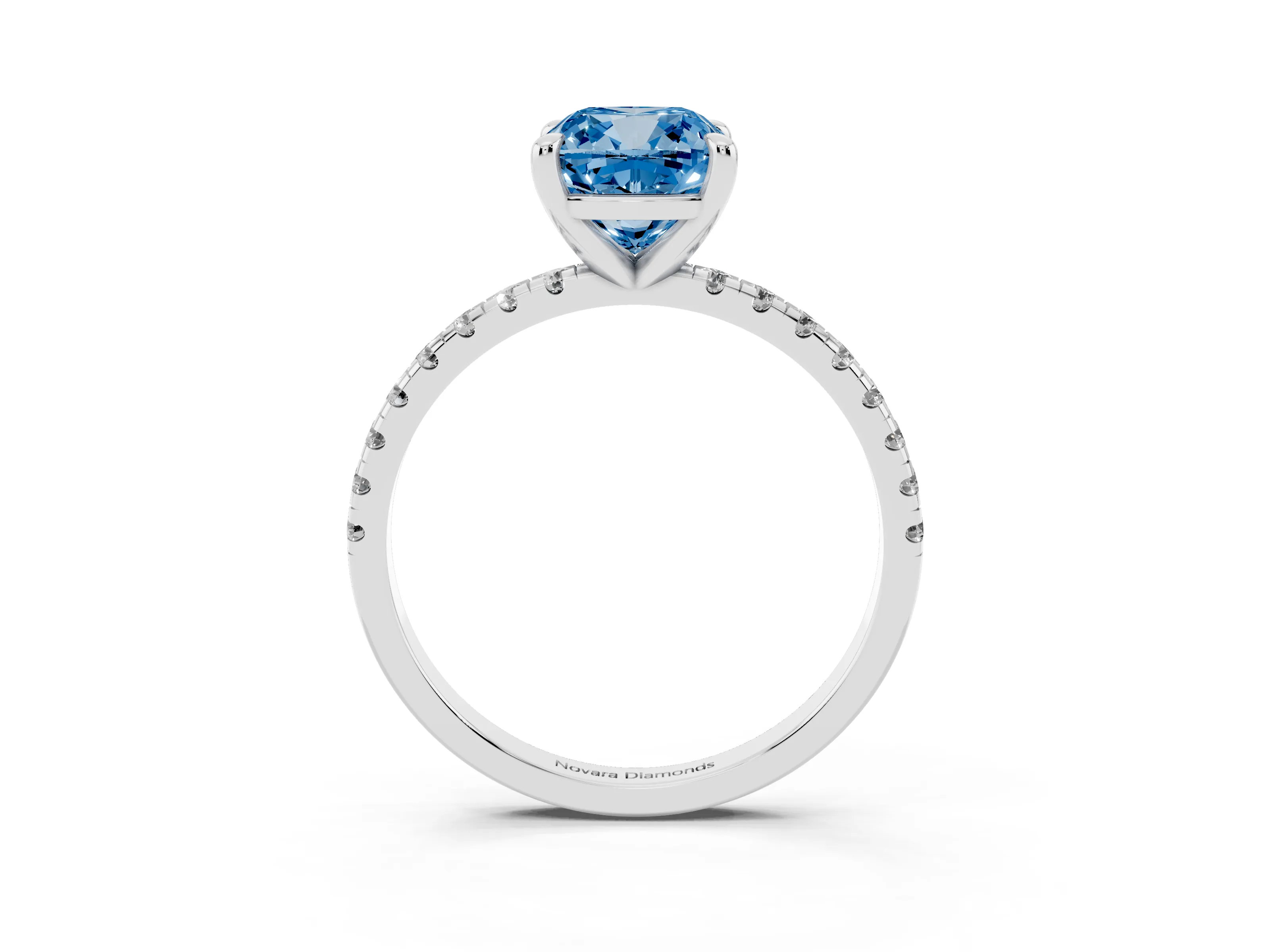 Fancy Blue Cushion Cut Diamond Brilliant Solitaire Ring Set in Platinum with Pavé Band and Prong Setting