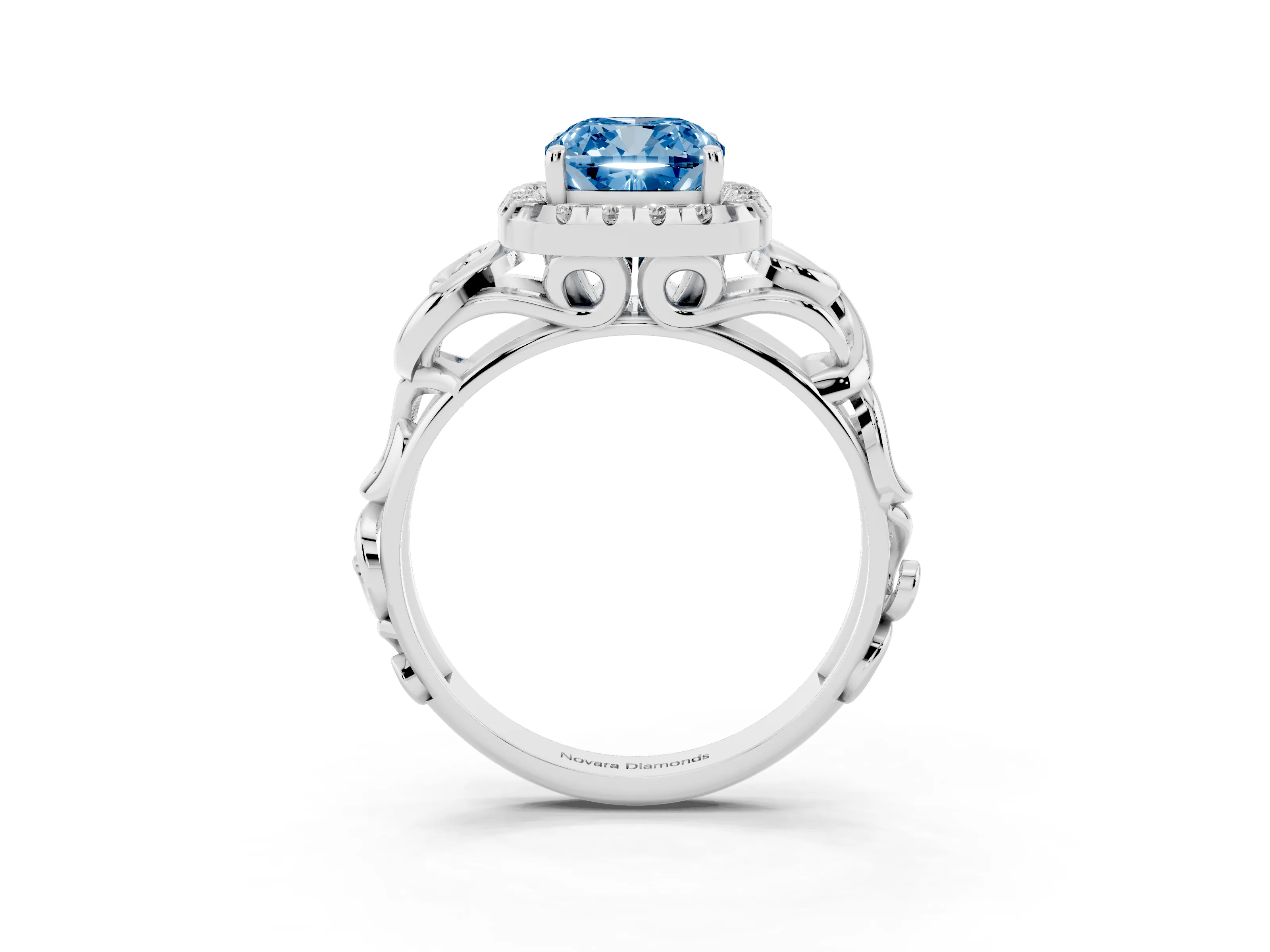 Fancy Blue Cushion Cut Diamond Halo Ring Set in Platinum with Scrollwork Band and Prong Setting