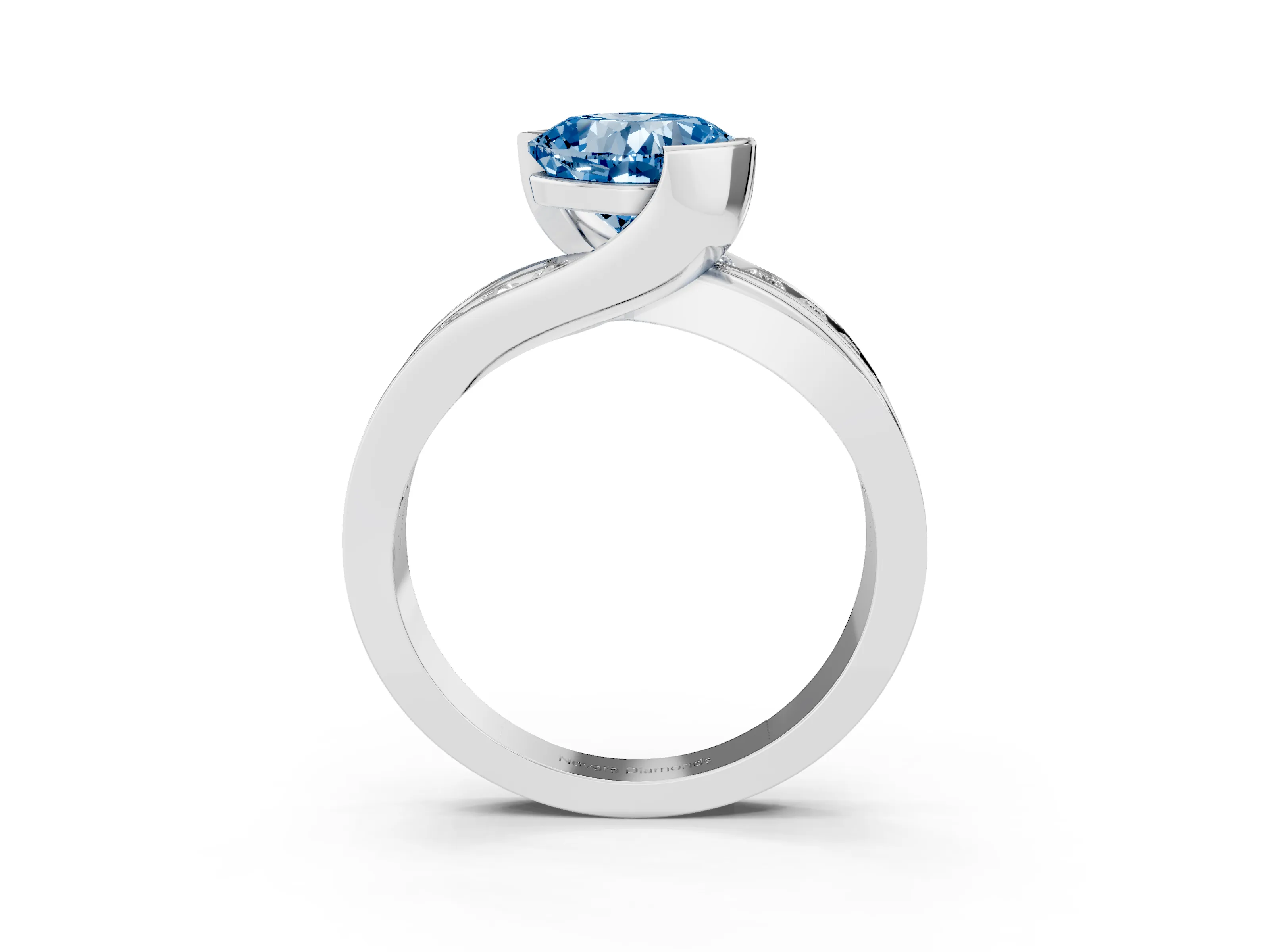 Fancy Blue Cushion Cut Diamond Solitaire Ring Set in Silver with Channel Set Split Shank and Tension Prongs