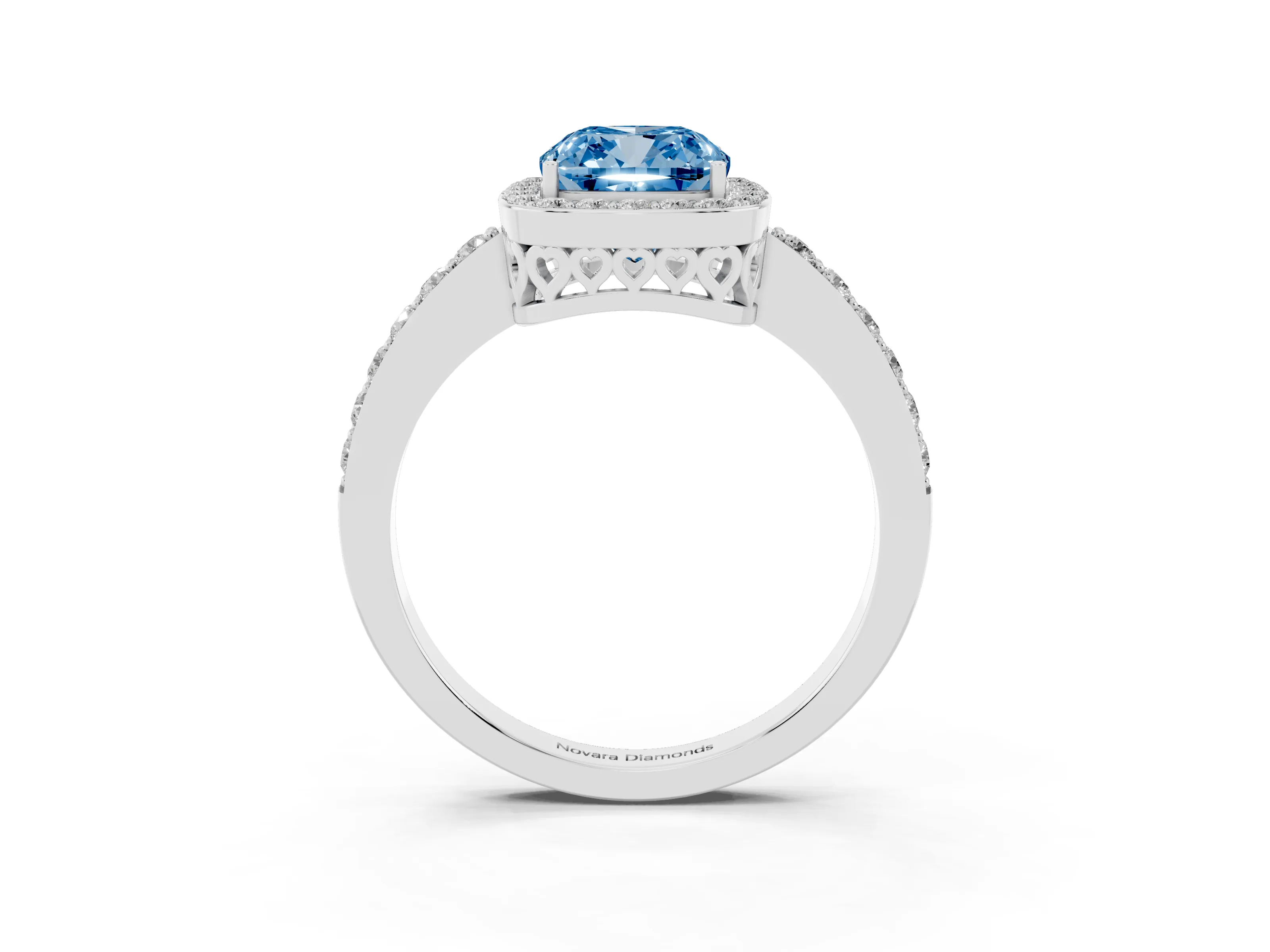 Fancy Blue Cushion Cut Diamond Halo Ring Set in Platinum with Pavé-Setting Band and Open Prong Center