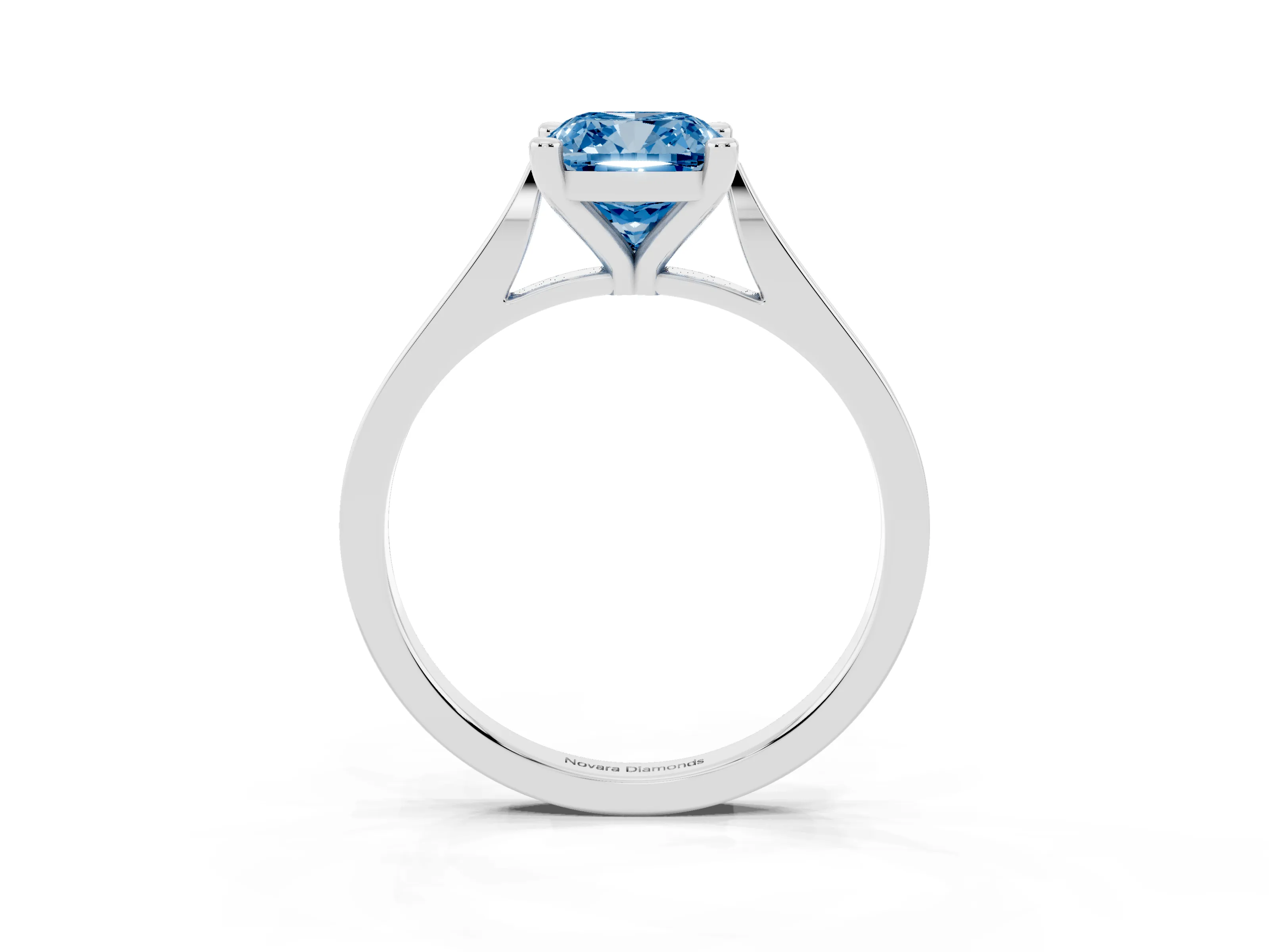Fancy Blue Cushion Cut Diamond Solitaire Ring Set in White gold with Prong Setting and Tapered Band