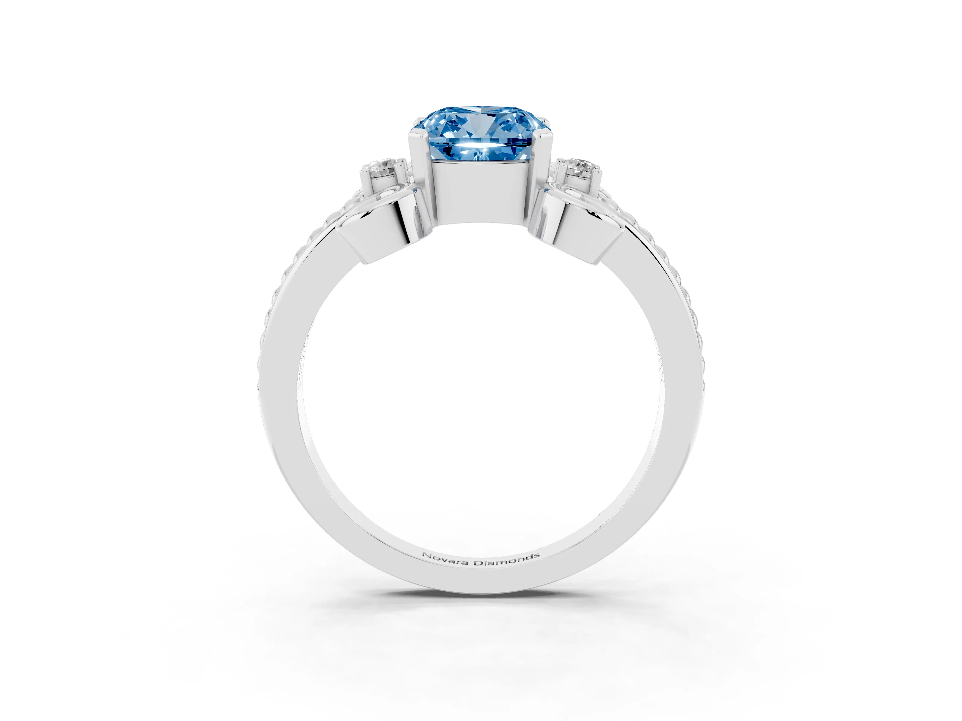 Fancy Blue Cushion Cut Diamond Twisted Band Solitaire Ring Set in White gold with Scroll Prongs