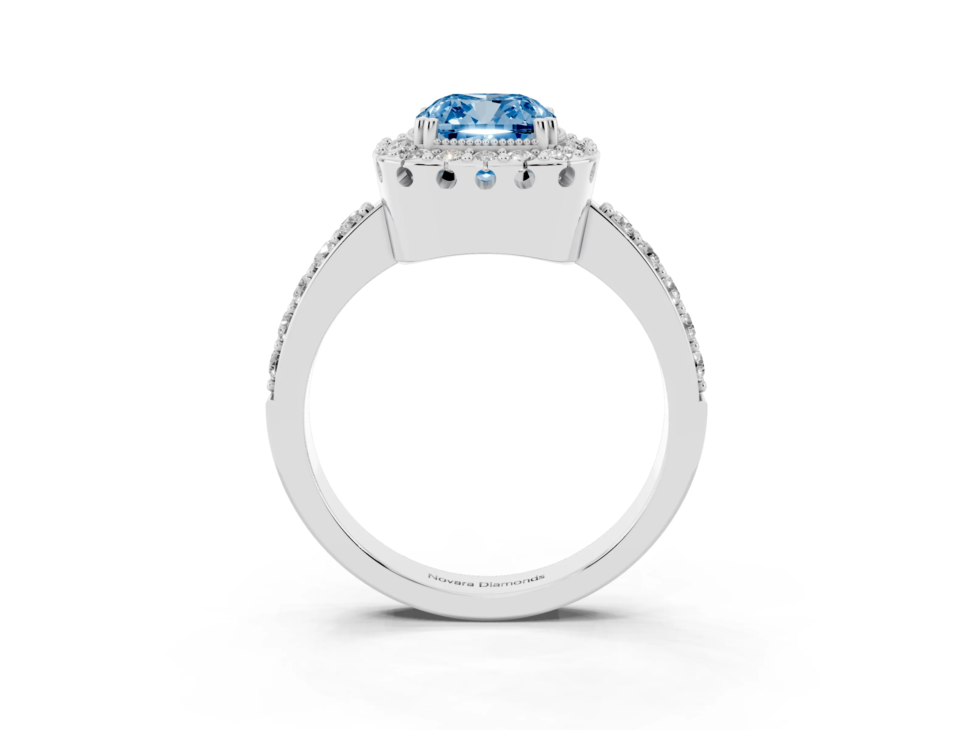 Fancy Blue Cushion Cut Diamond Halo Ring Set in White gold with Pavé Shank and Prong Setting
