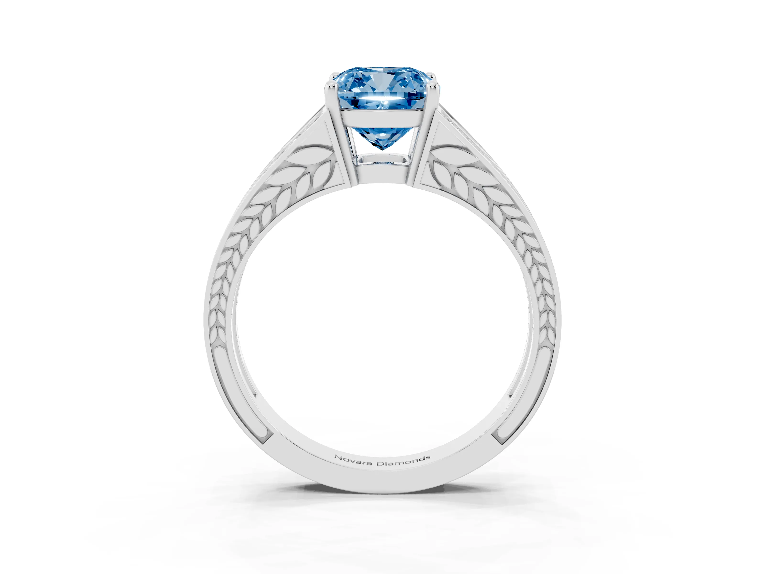 Fancy Blue Cushion Cut Diamond Split Shank Ring Set in White gold with Pavé Band and Prong Setting