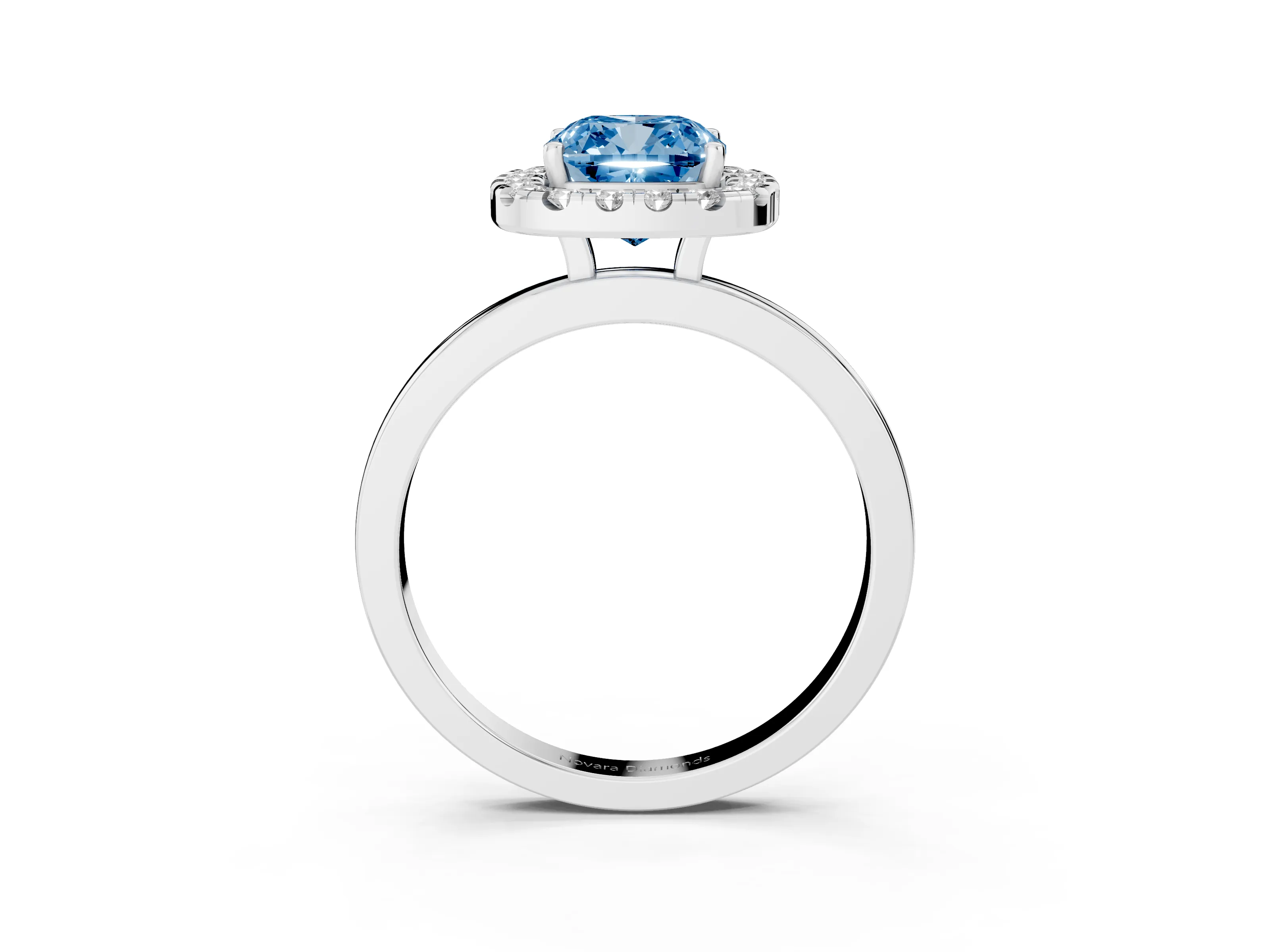 Fancy Blue Cushion Cut Diamond Halo Solitaire Ring Set in White gold with Pavé Band and Prong Setting