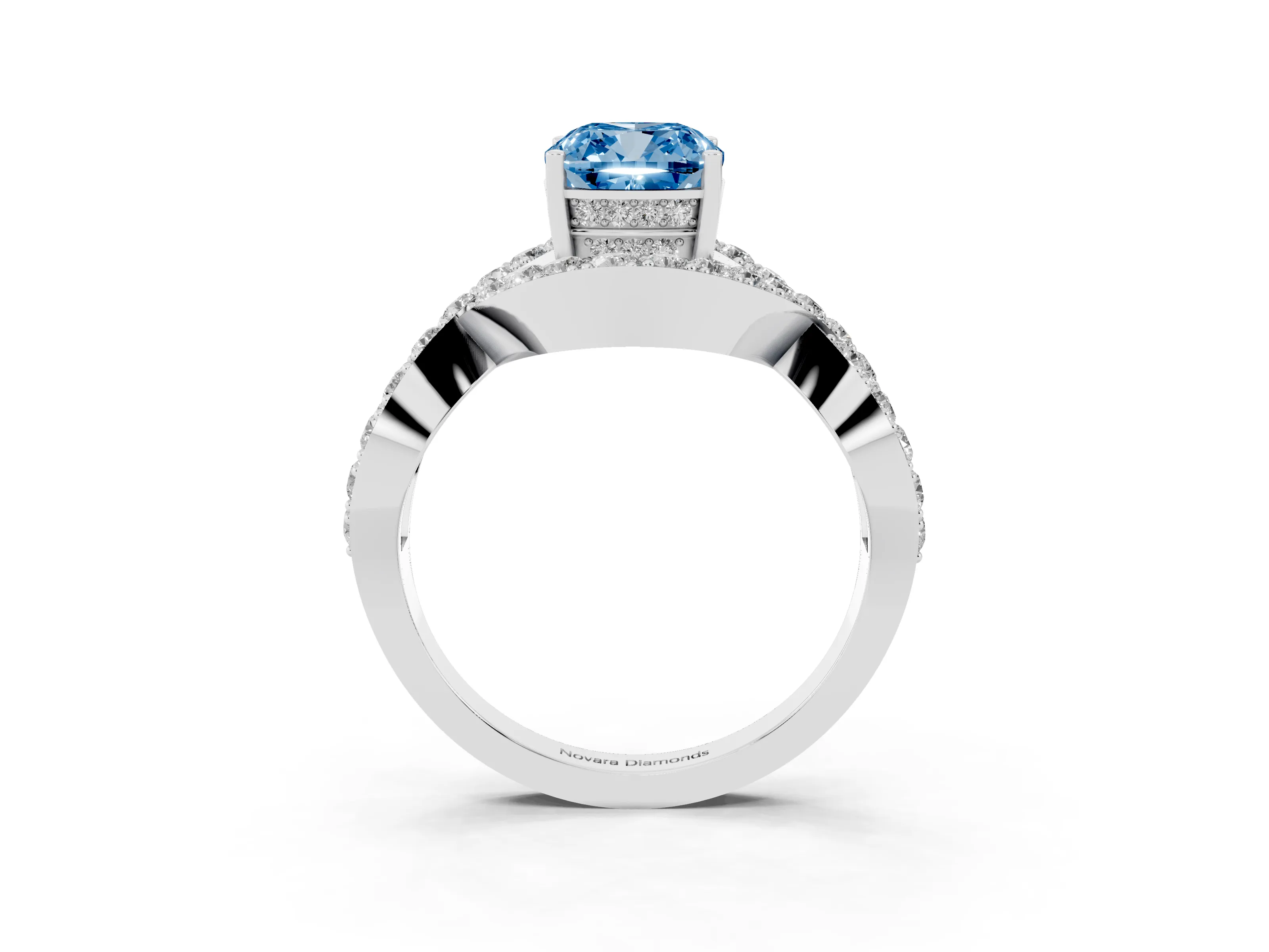 Fancy Blue Cushion Cut Diamond Solitaire Twist Band Pavé Engagement Ring Set in White gold