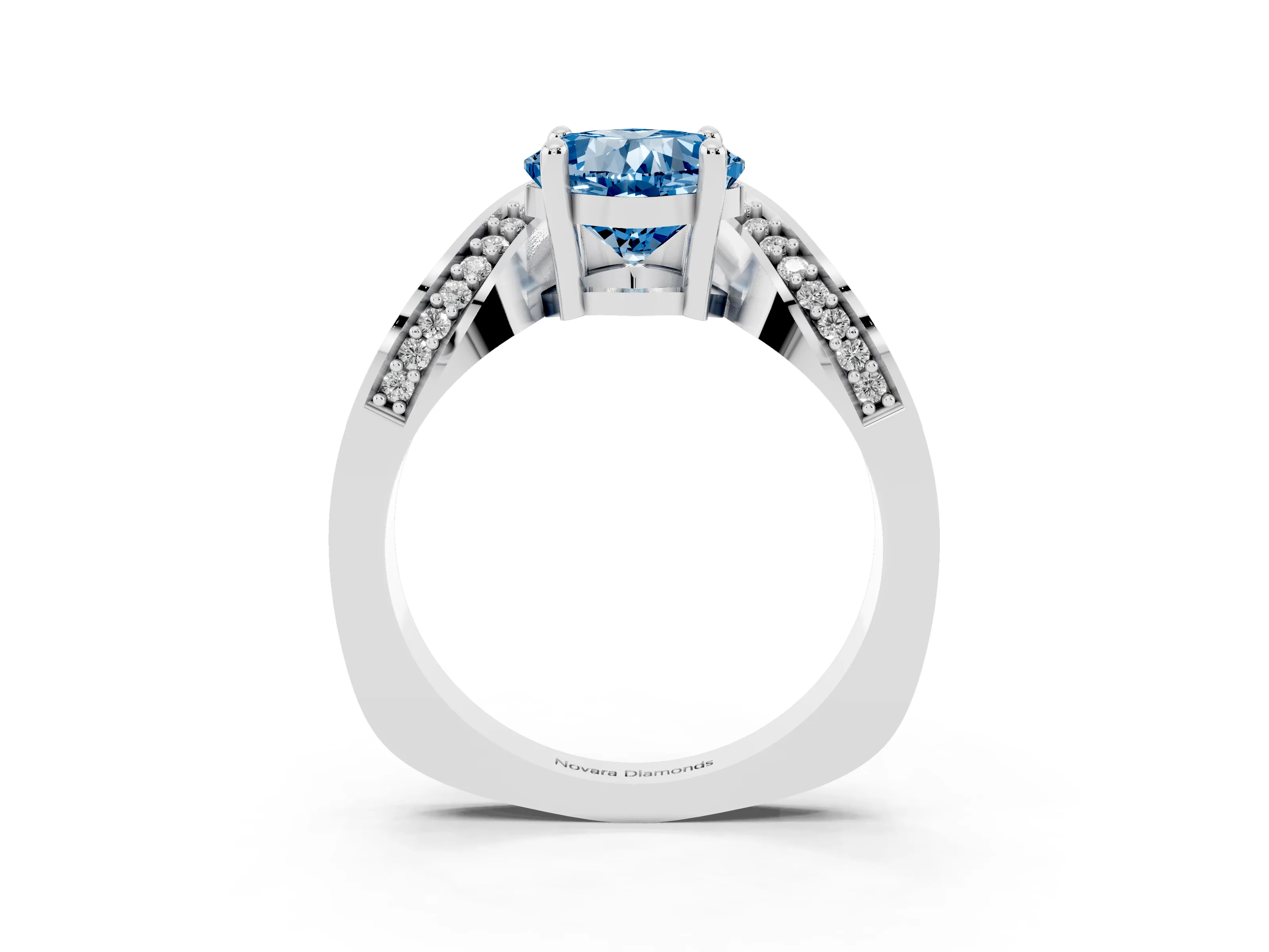 Fancy Blue Cushion Cut Diamond Solitaire Engagement Ring Set in White gold with Pavé Shoulders