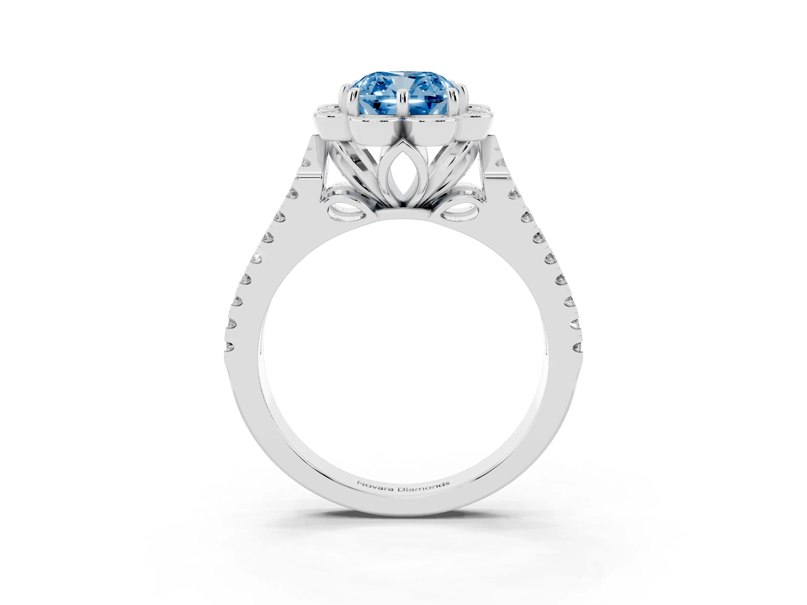 Fancy Blue Cushion Cut Diamond Floral Halo Split Shank Engagement Ring Set in Silver with Pavé Shank