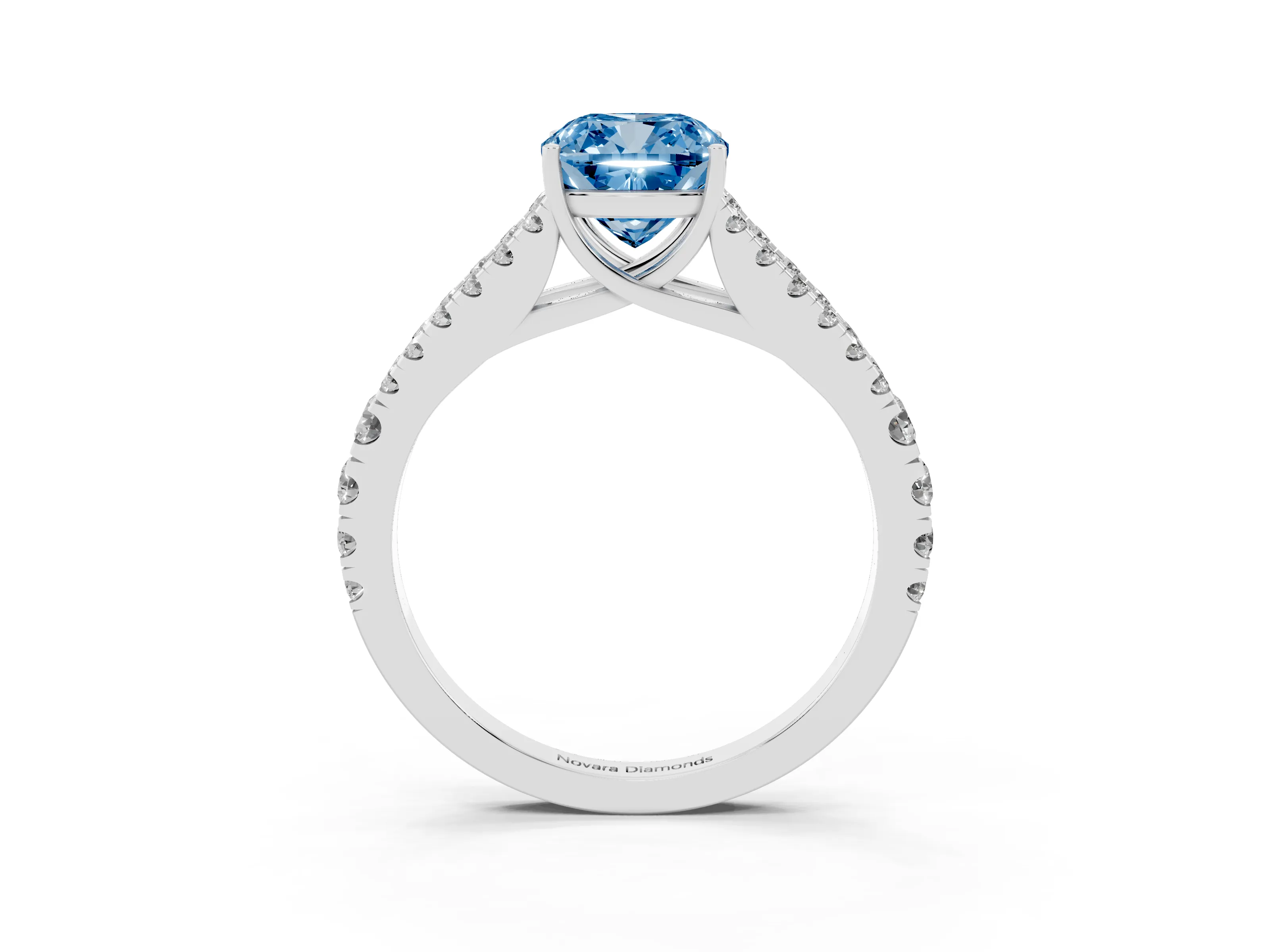 Fancy Blue Cushion Cut Diamond Split Shank Pavé Engagement Ring Set in Silver with Prong-Held Center Stone