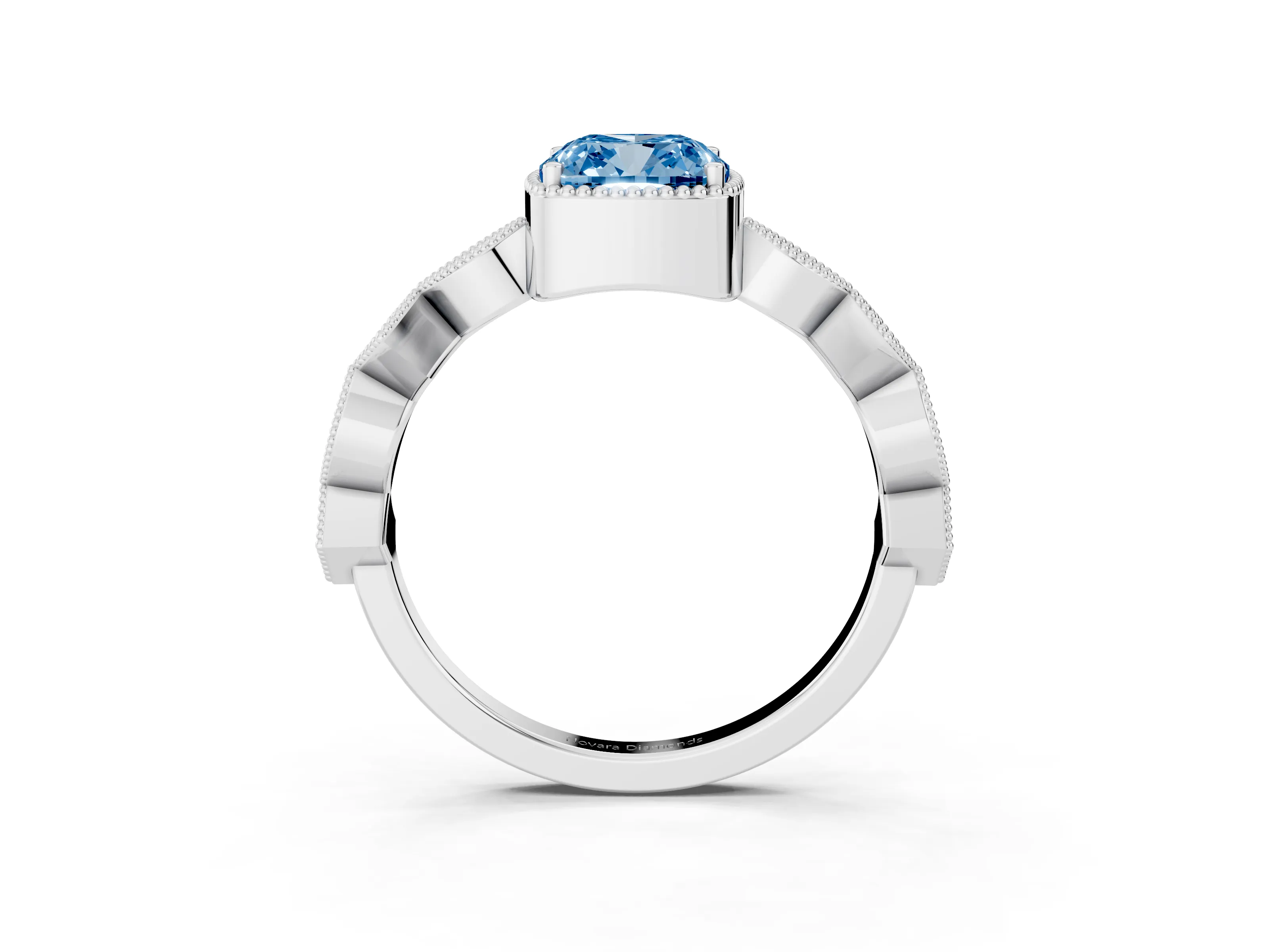 Fancy Blue Cushion Cut Diamond Milgrain Marquise Twist Band Ring Set in Platinum with Prong Setting