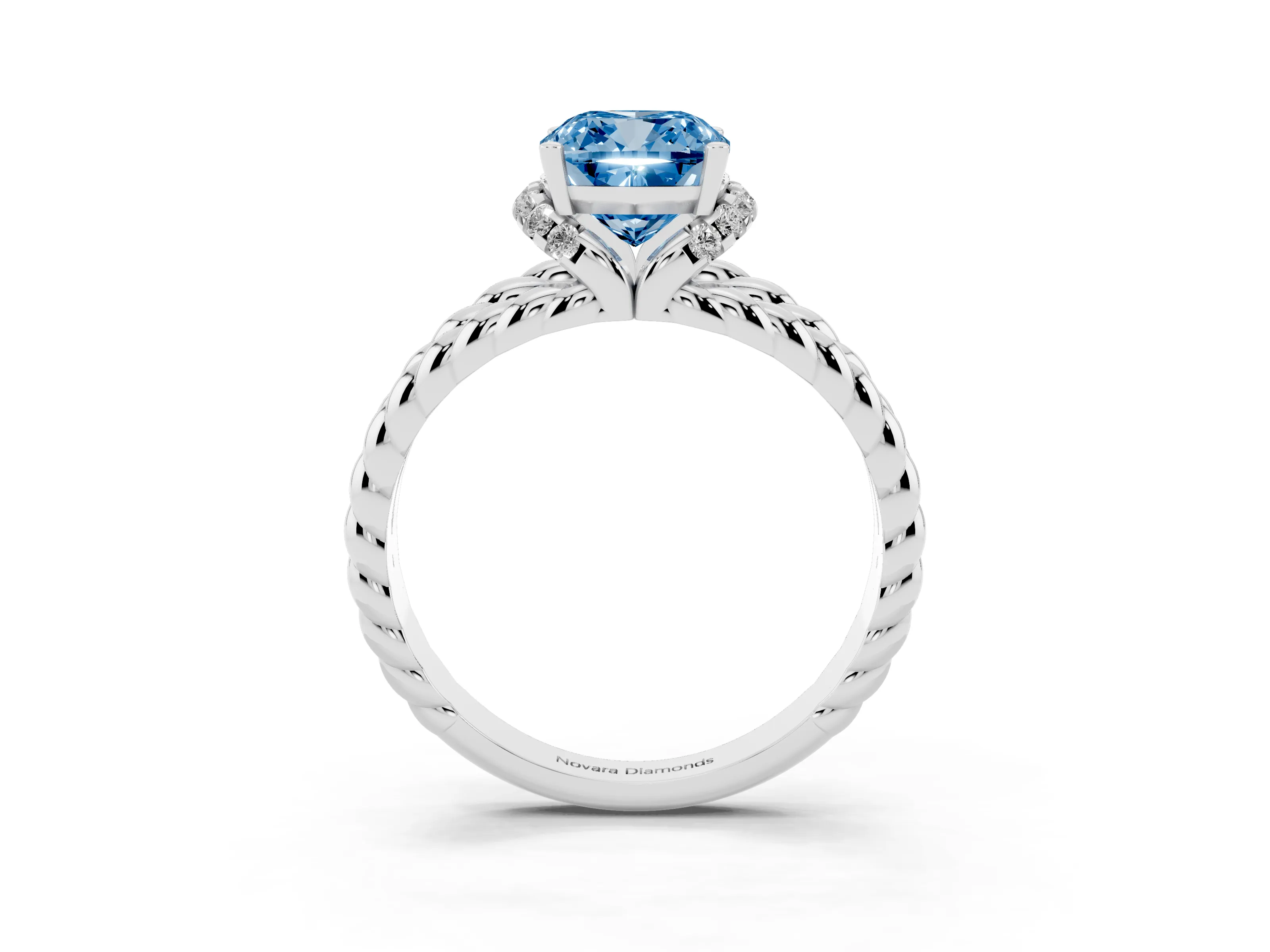 Fancy Blue Cushion Cut Diamond Halo Ring Set in White gold with Twisted Band and Prong Setting