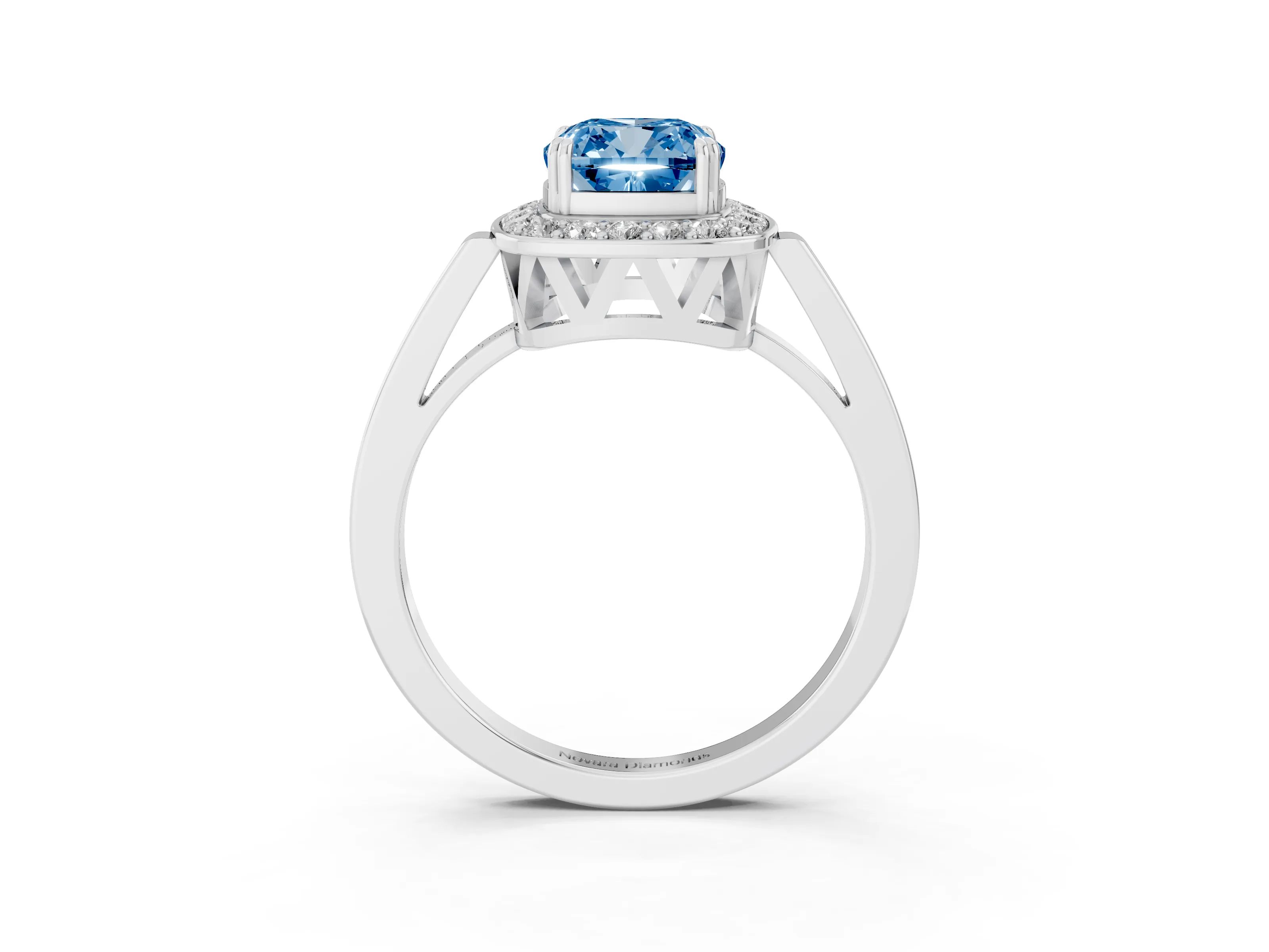 Fancy Blue Cushion Cut Diamond Halo Ring Set in Platinum with Accent-Lined Split Shank and Prong Setting