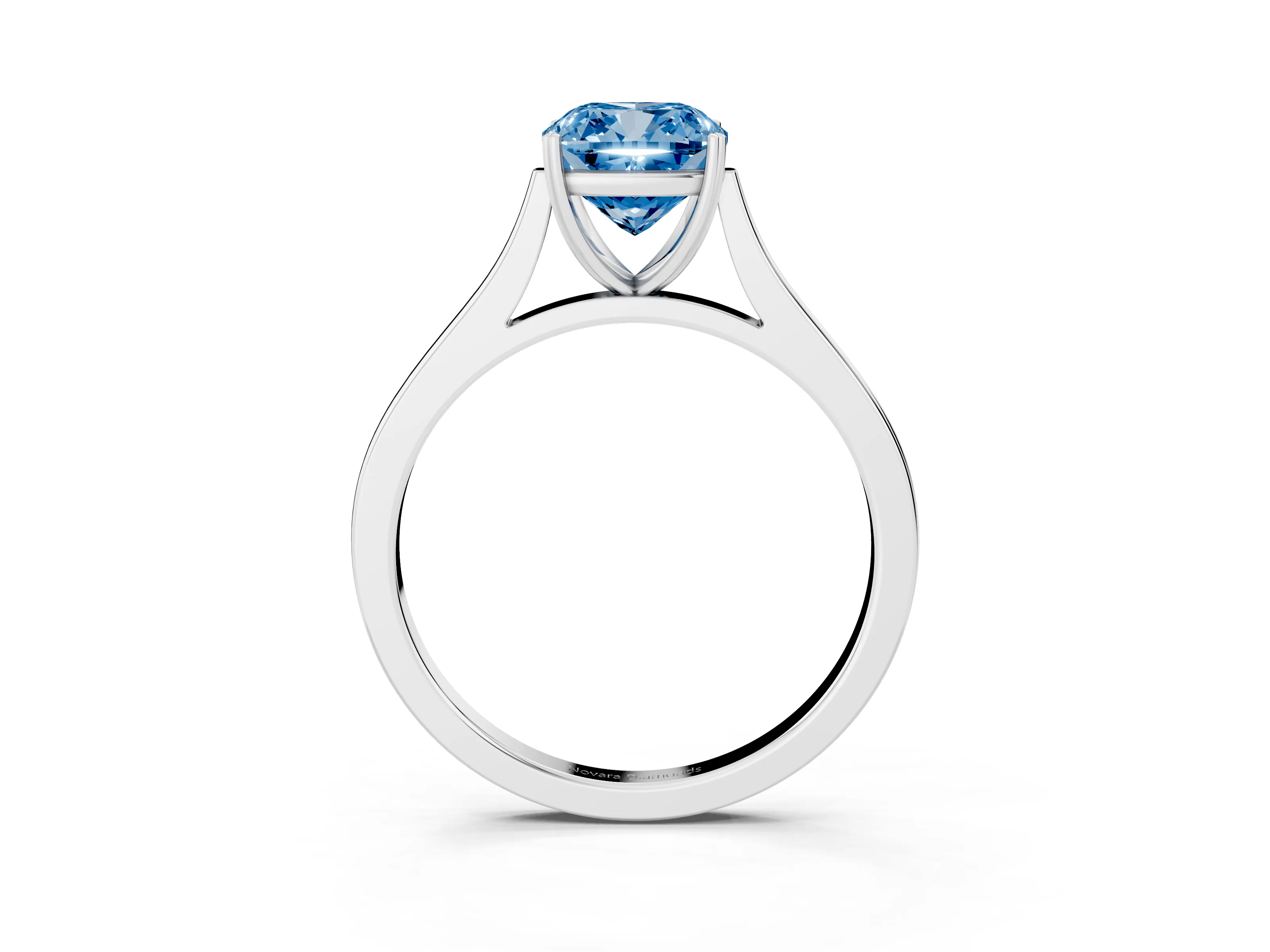 Fancy Blue Cushion Cut Diamond Solitaire Heart Prong Engagement Ring Set in White gold with Tapered Band