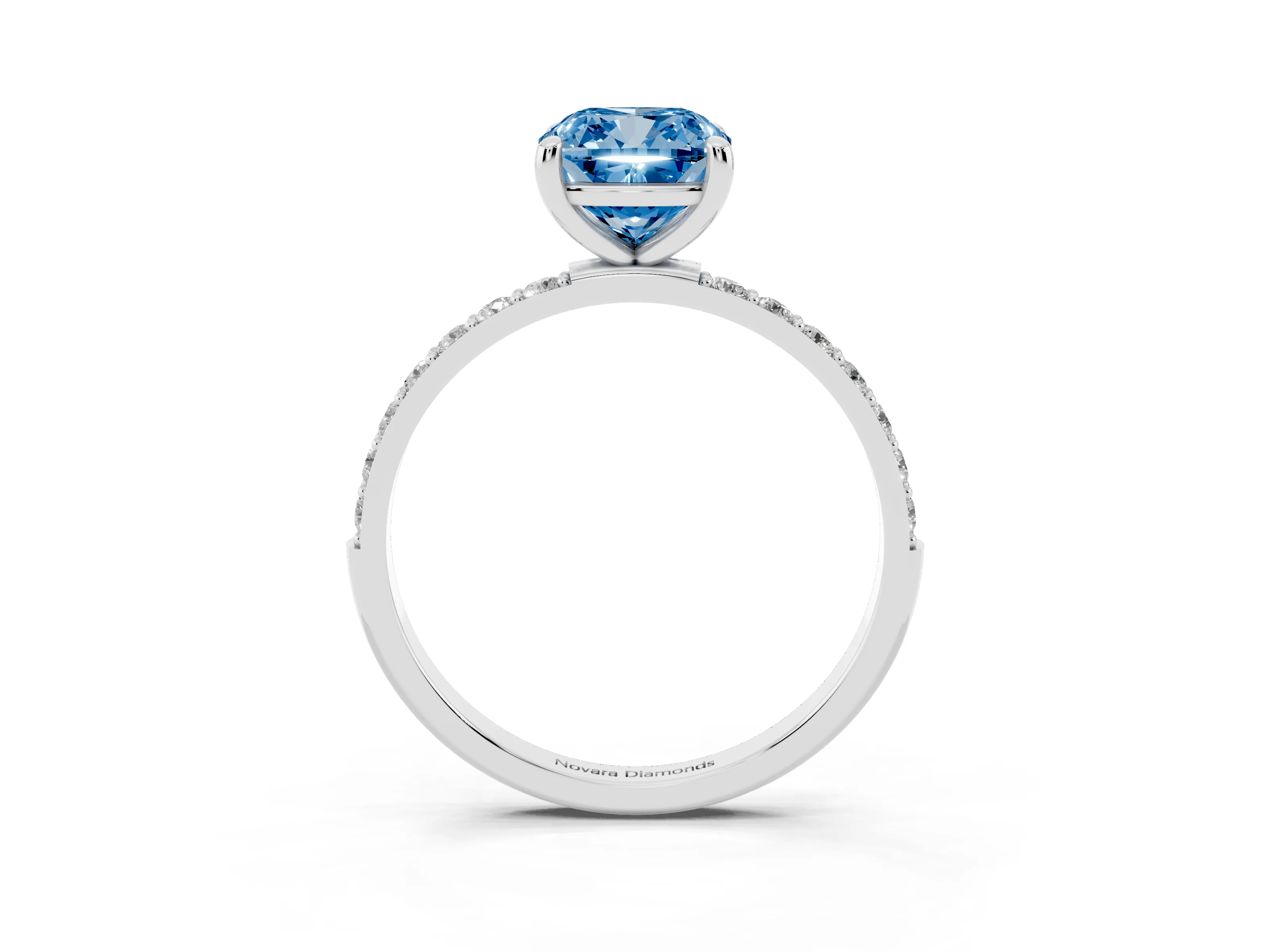 Fancy Blue Cushion Cut Diamond Solitaire Ring Set in Platinum with Round Pavé Band and Prong Setting