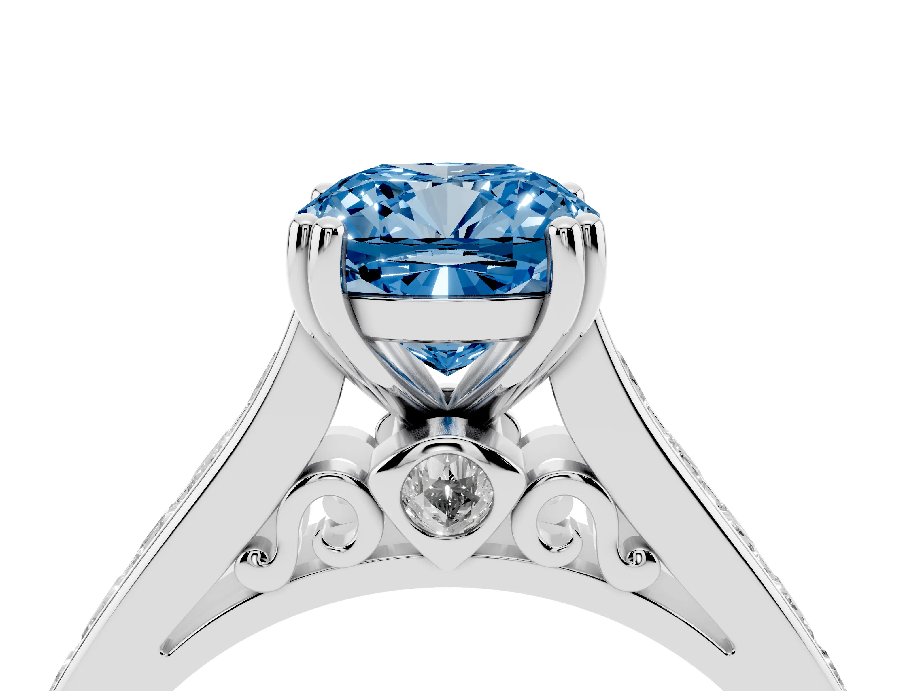 Fancy Blue Cushion Cut Diamond Channel Set Solitaire Engagement Ring Set in Platinum with Prong Setting