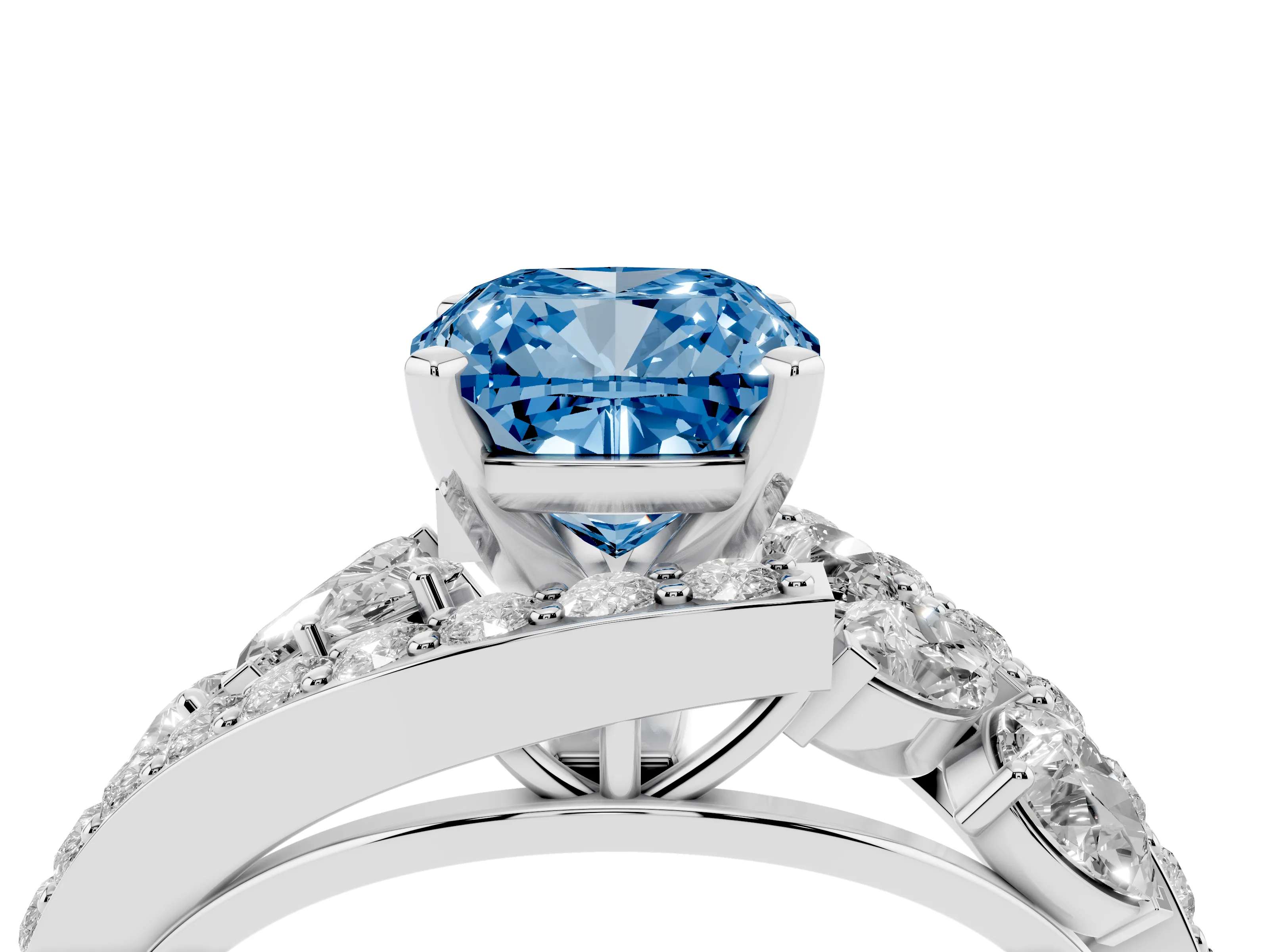 Fancy Blue Cushion Cut Diamond Halo Ring Set in White gold with Marquise and Pavé Band in Prong Setting