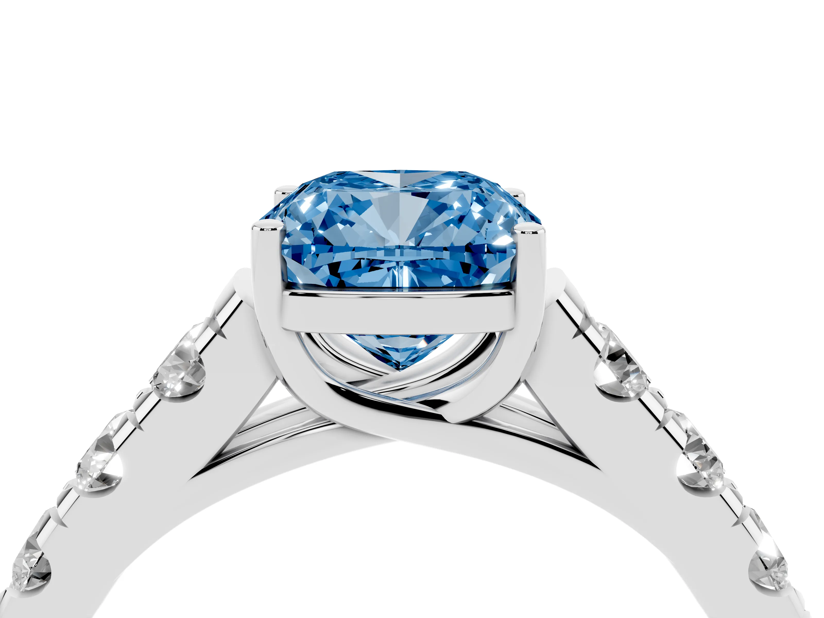 Fancy Blue Cushion Cut Diamond Solitaire Ring Set in Platinum with Cut-Down Micro Pavé Band and Prong Setting