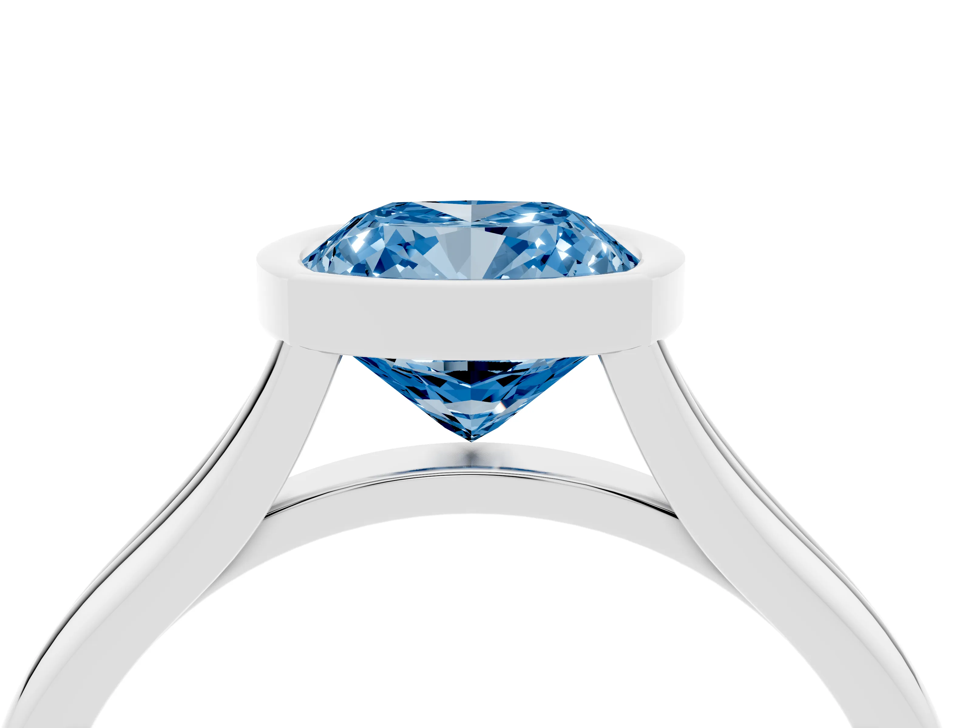 Fancy Blue Bezel Set Cushion Cut Diamond Solitaire Ring Set in Silver with Tapered Band