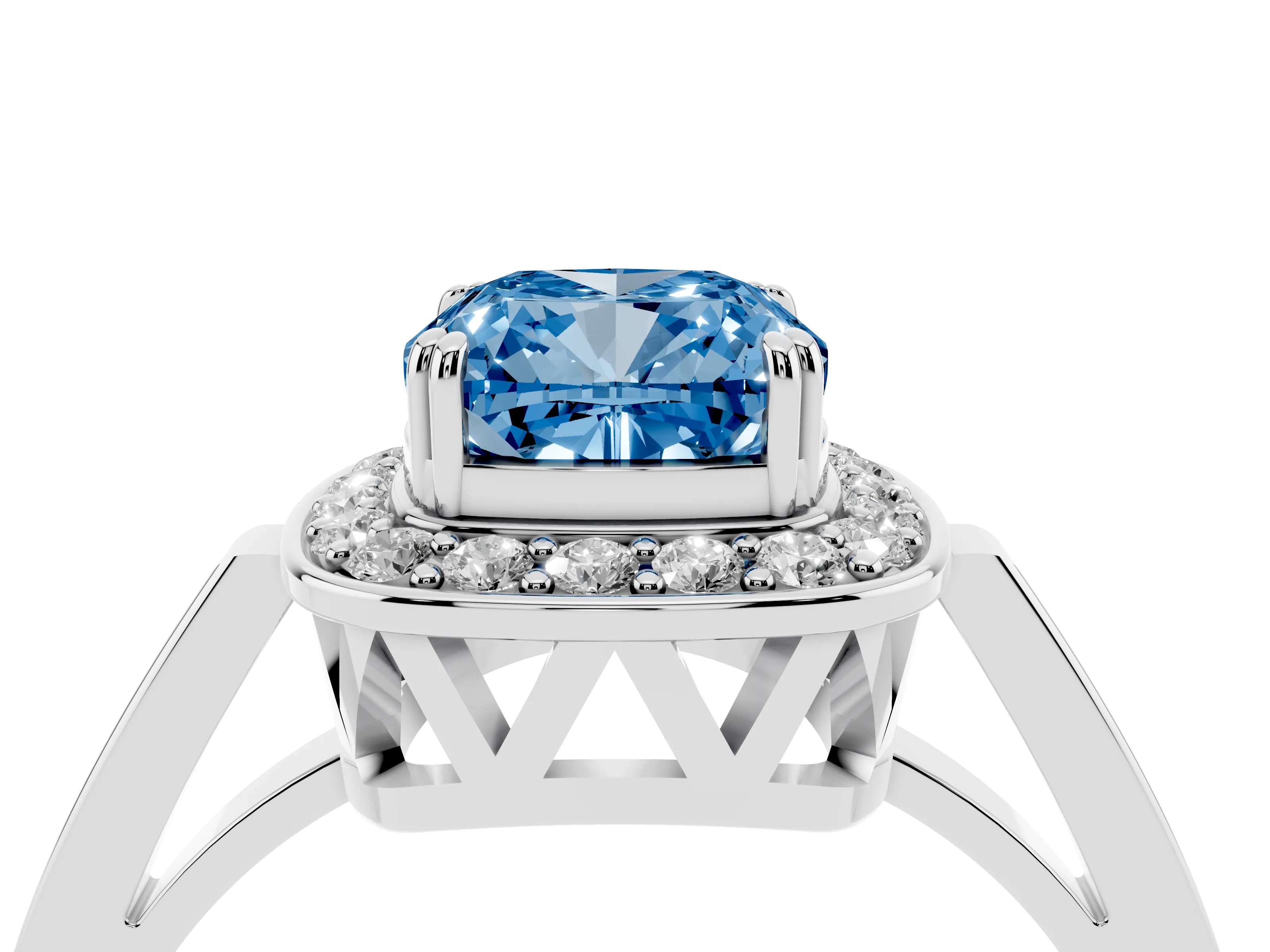 Fancy Blue Cushion Cut Diamond Halo Ring Set in Platinum with Accent-Lined Split Shank and Prong Setting