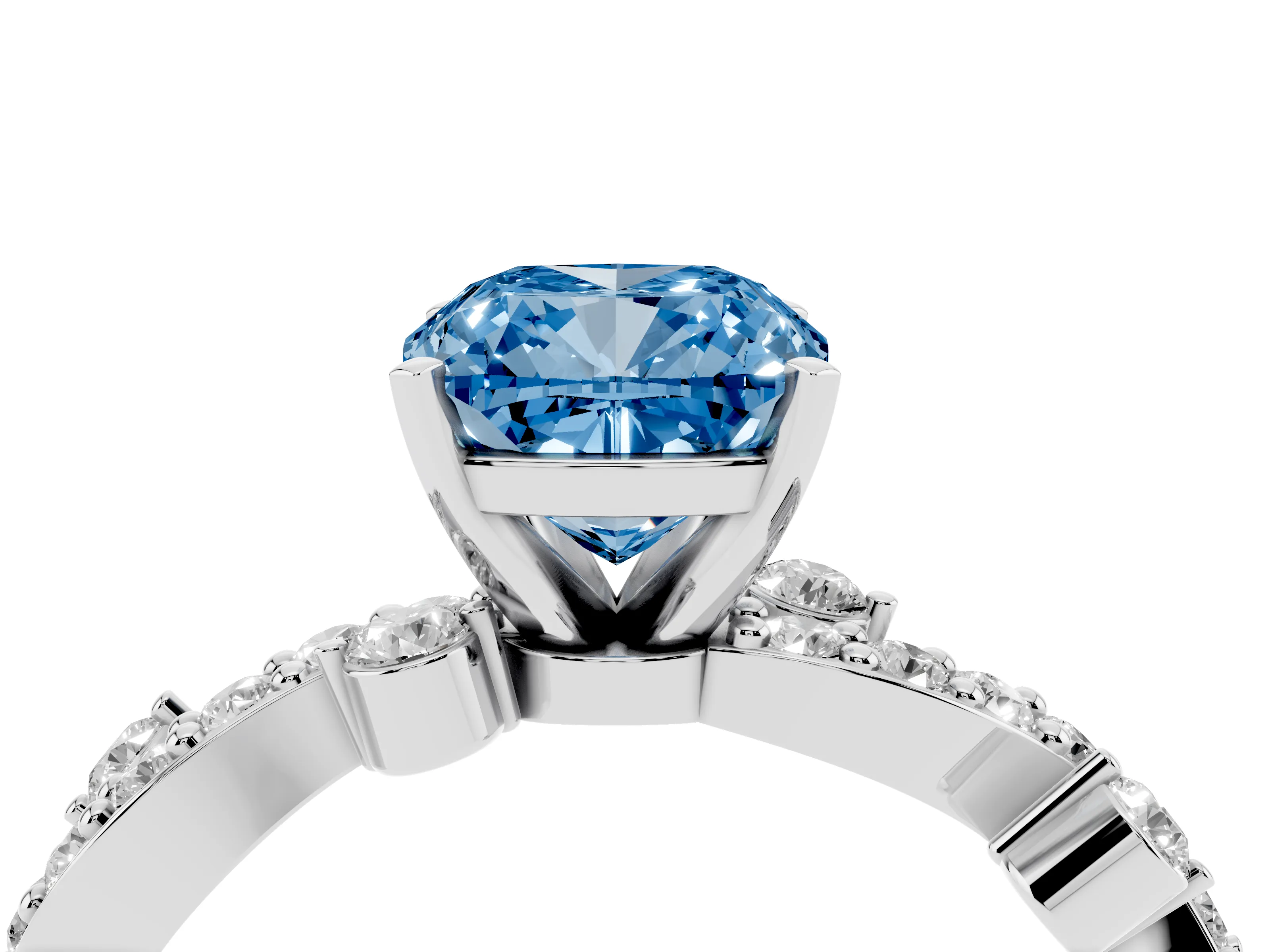 Fancy Blue Cushion Cut Diamond Solitaire Twisted Band Set in White gold with Pavé Setting