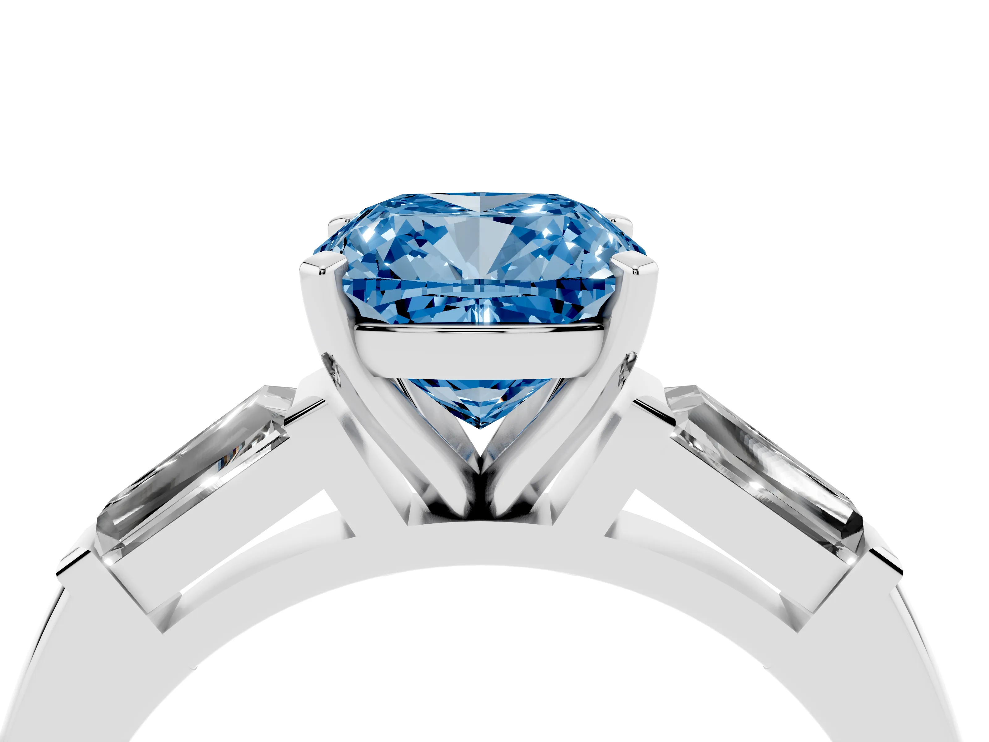 Fancy Blue Cushion Cut Diamond Solitaire Ring Set in White gold with Tapered Baguette Side Stones and Prong Setting