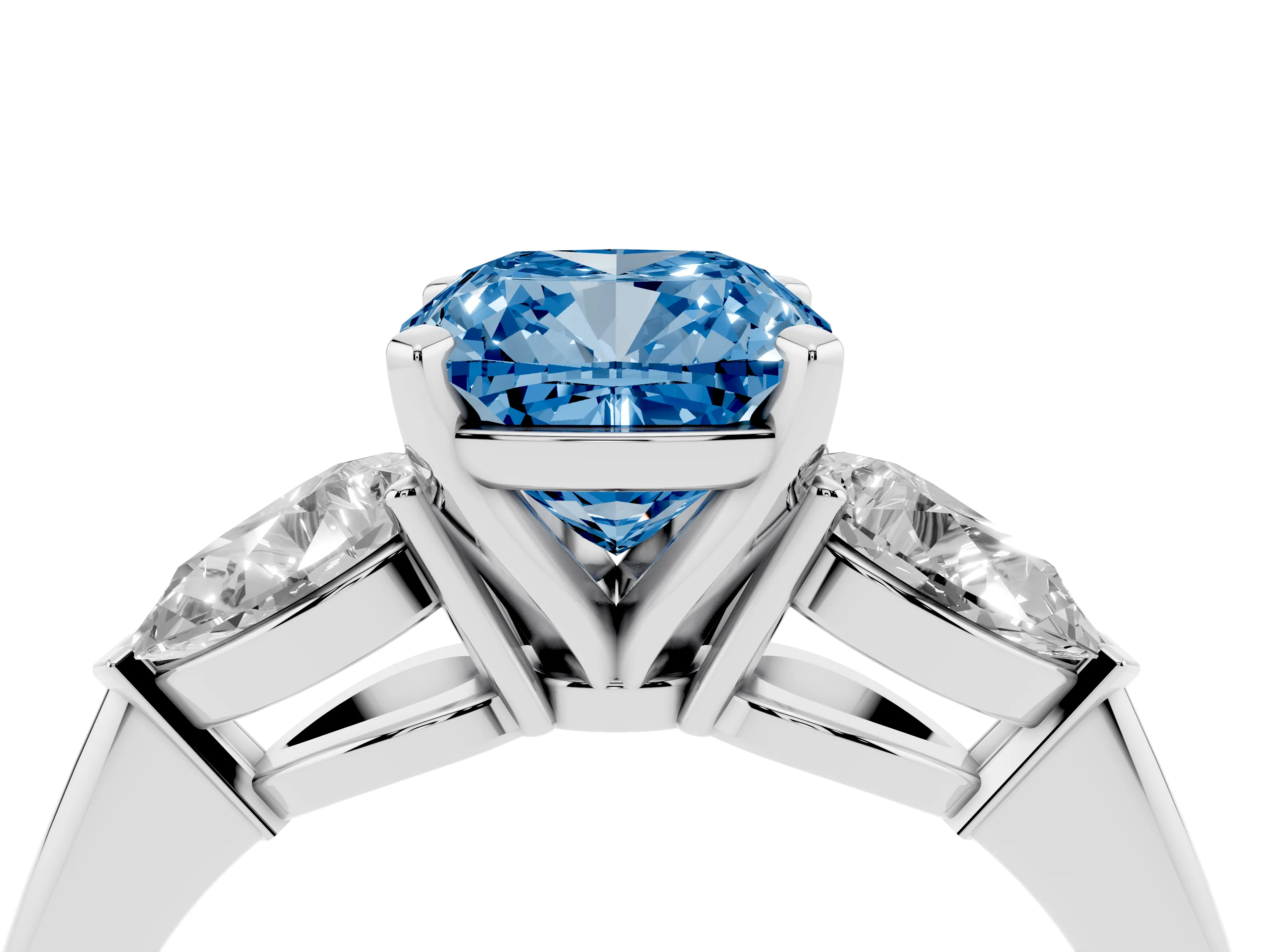 Fancy Blue Three-Stone Cushion Cut Diamond Ring Set in Silver with Pear Side Stones and Prong Setting