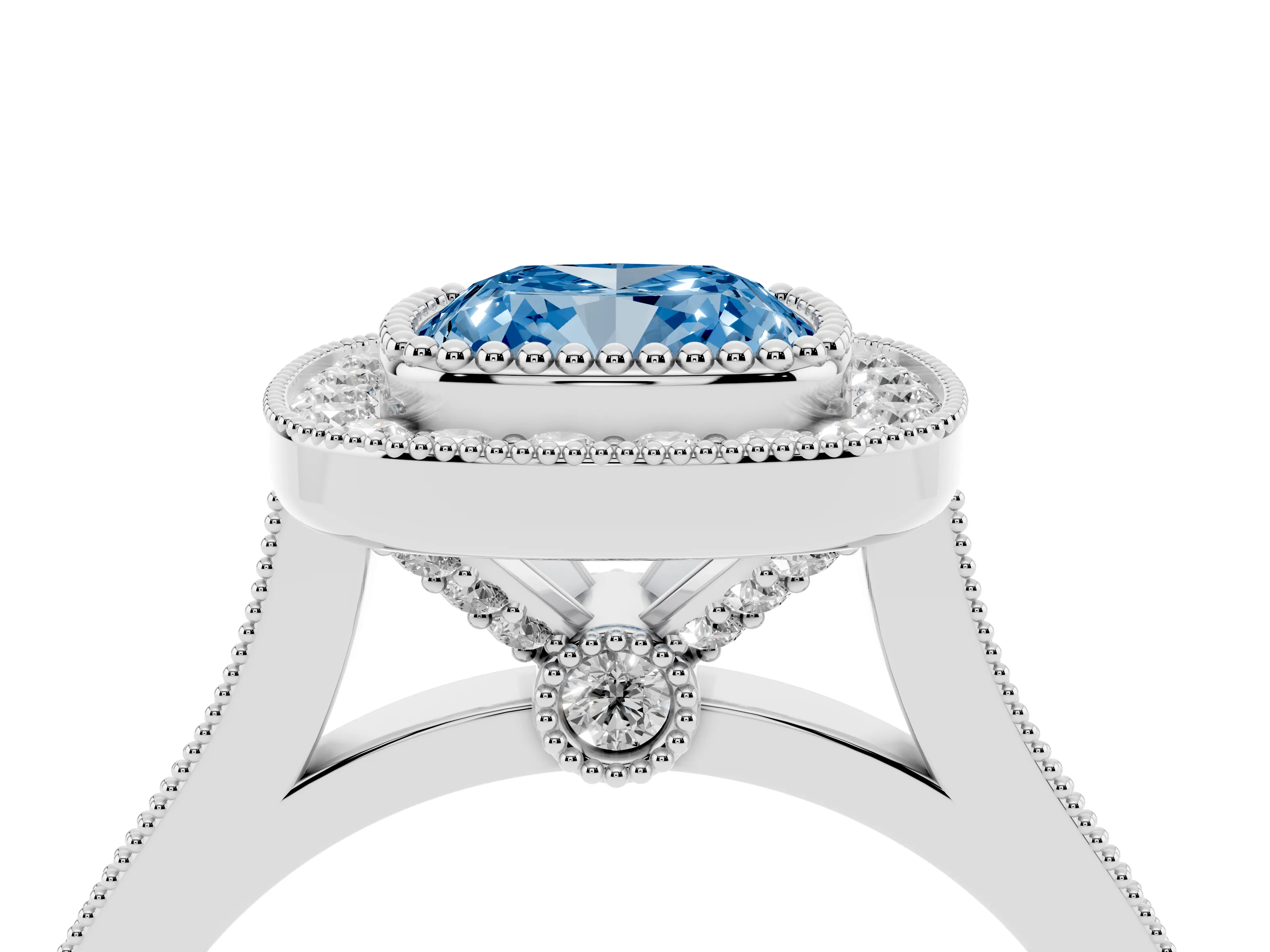 Fancy Blue Cushion Cut Diamond Halo Ring Set in Platinum with Milgrain Frame and Pavé Band
