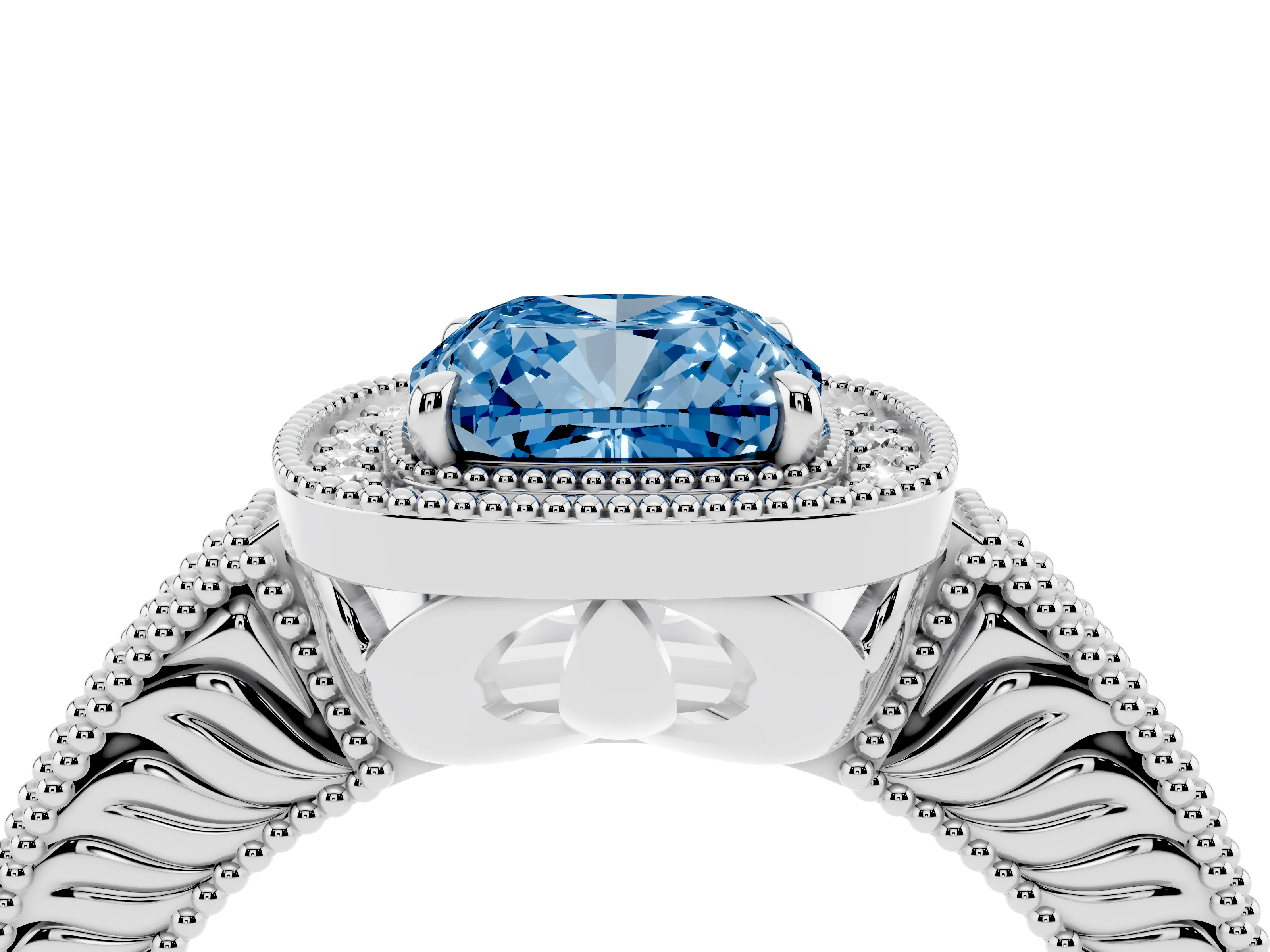 Fancy Blue Cushion Cut Diamond Halo Ring Set in Platinum with Round Accent Halo, Pavé Band and Prong Setting