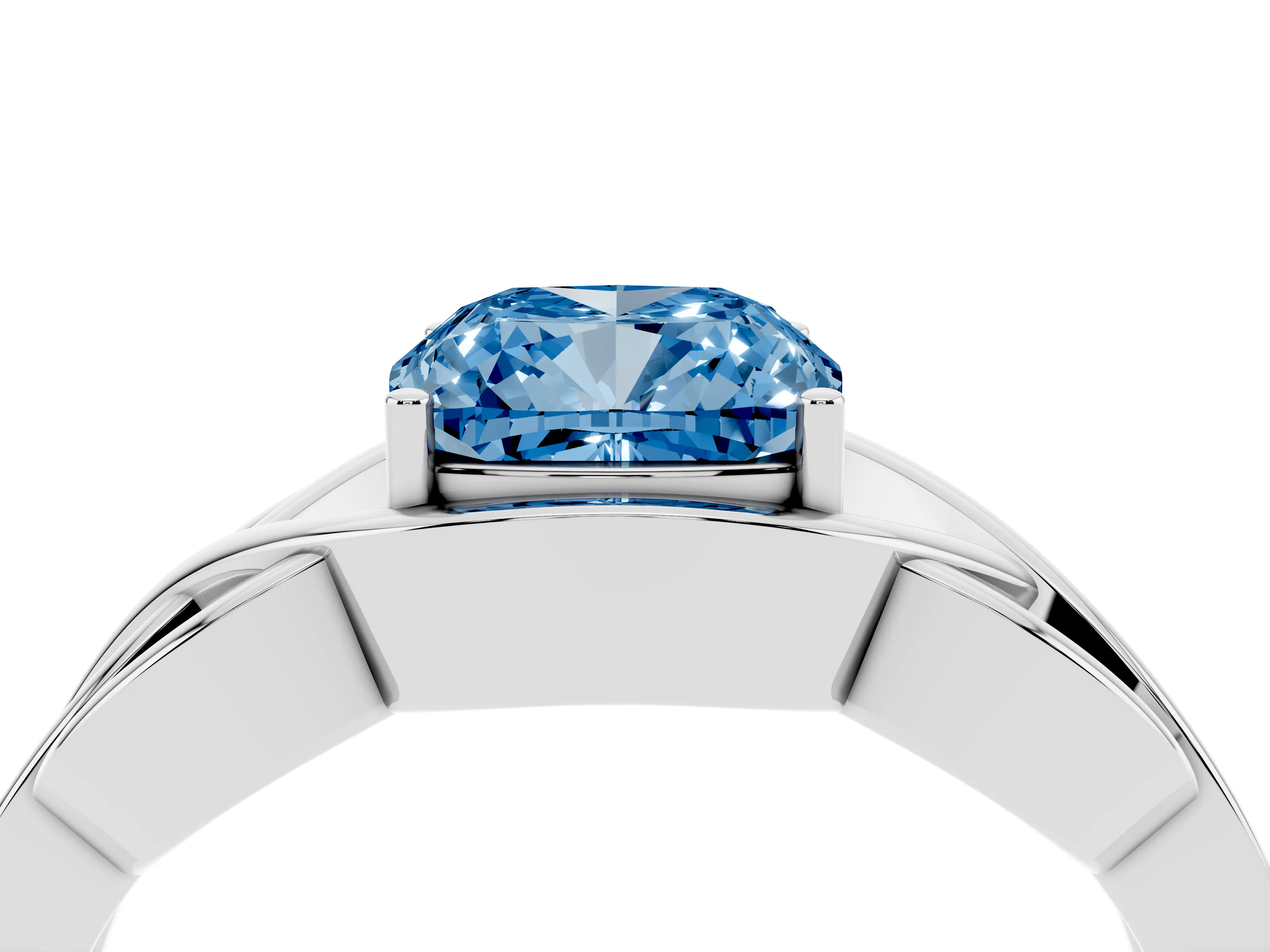 Fancy Blue Cushion Cut Diamond Solitaire Ring Set in Silver with Intertwined Band
