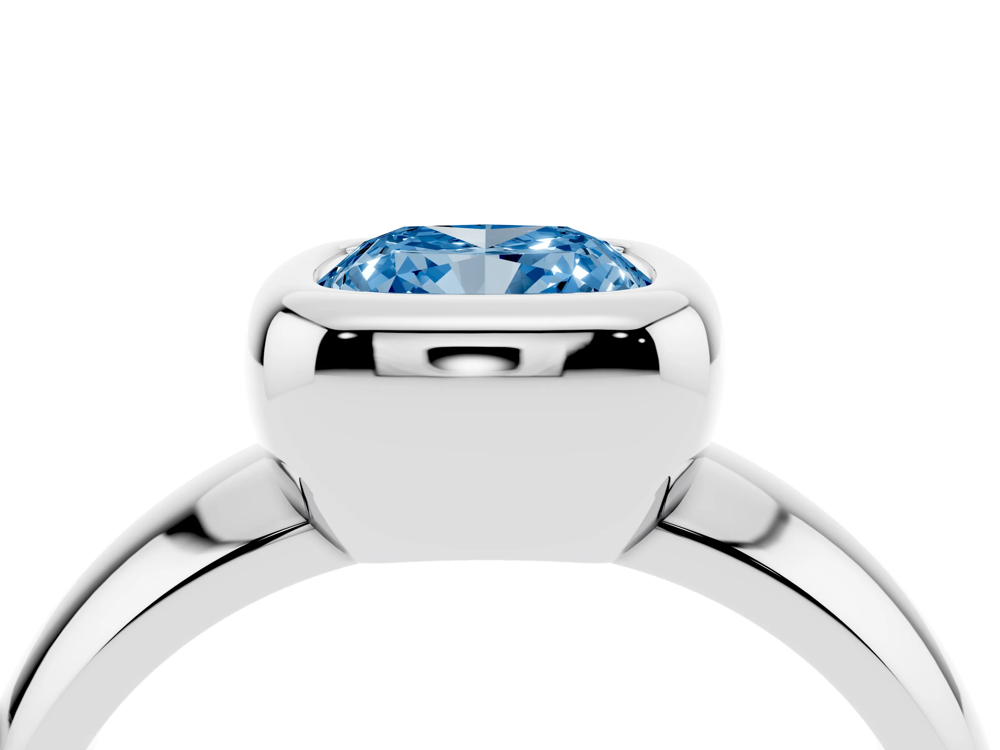 Fancy Blue Bezel Set Cushion Cut Diamond Solitaire Ring Set in Platinum with Wide Band