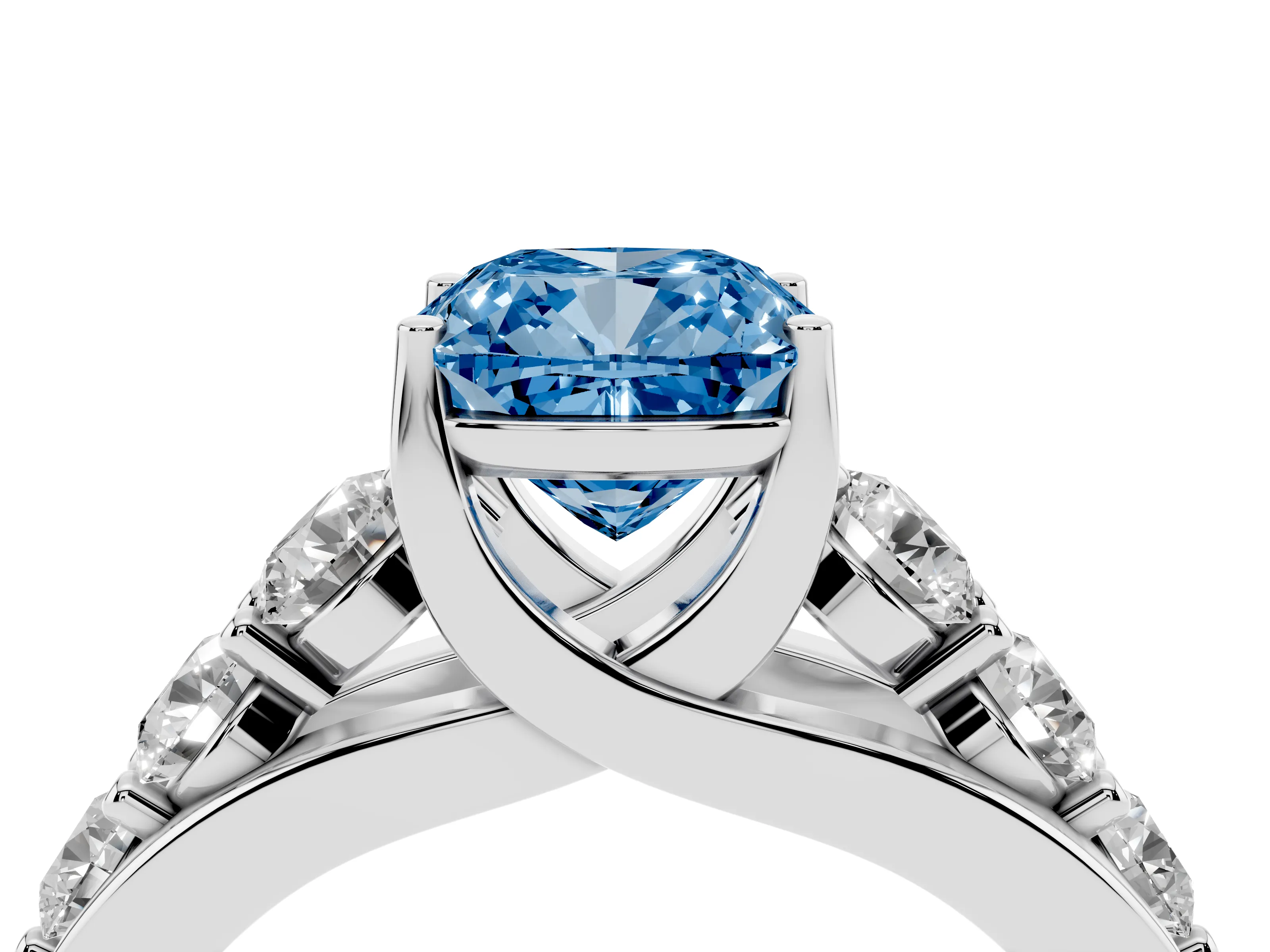 Fancy Blue Cushion Cut Diamond Pavé Engagement Ring Set in White gold with Prong Setting