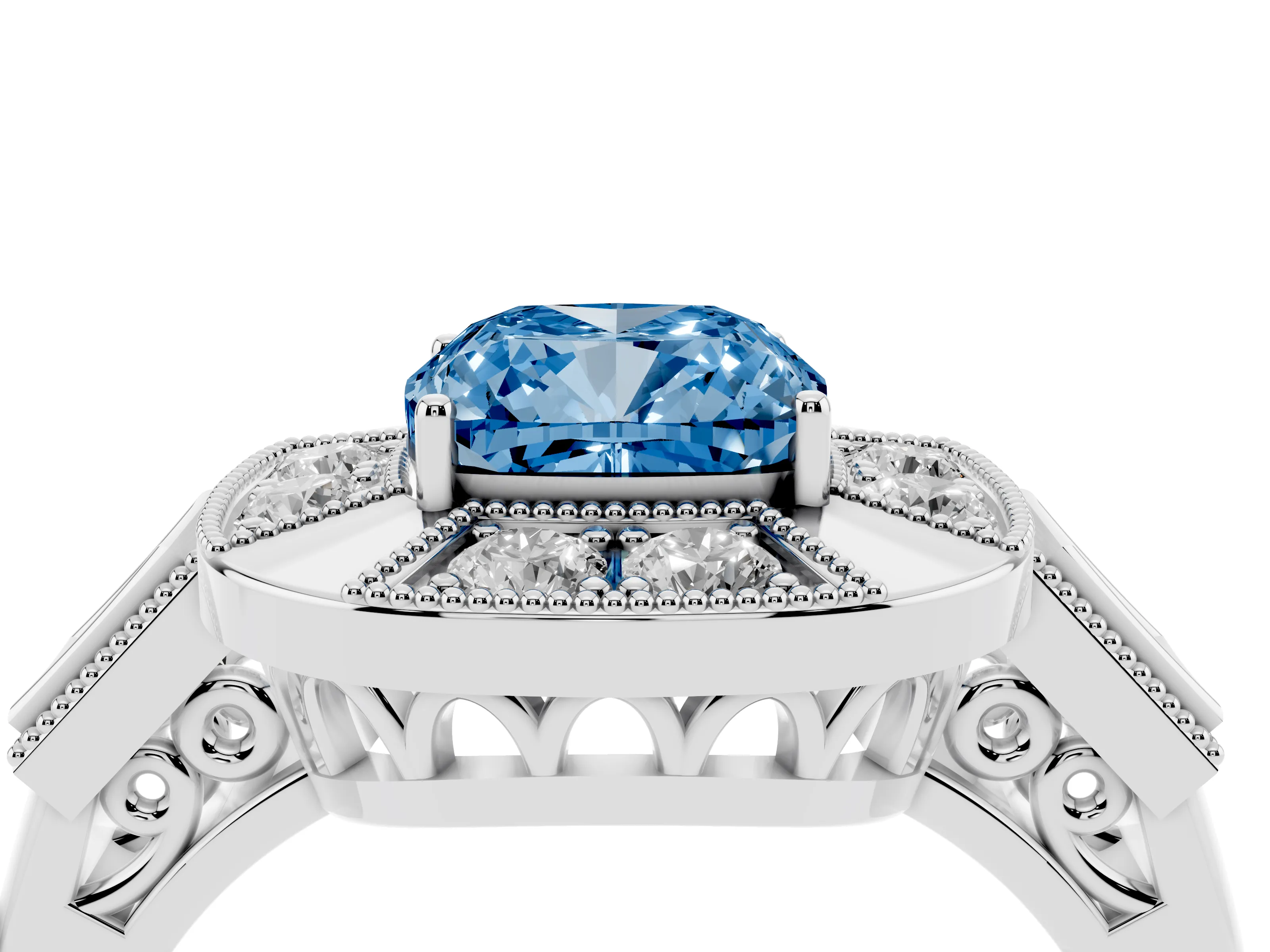 Fancy Blue Cushion Cut Diamond Milgrain Halo Ring Set in Platinum with Split Shank