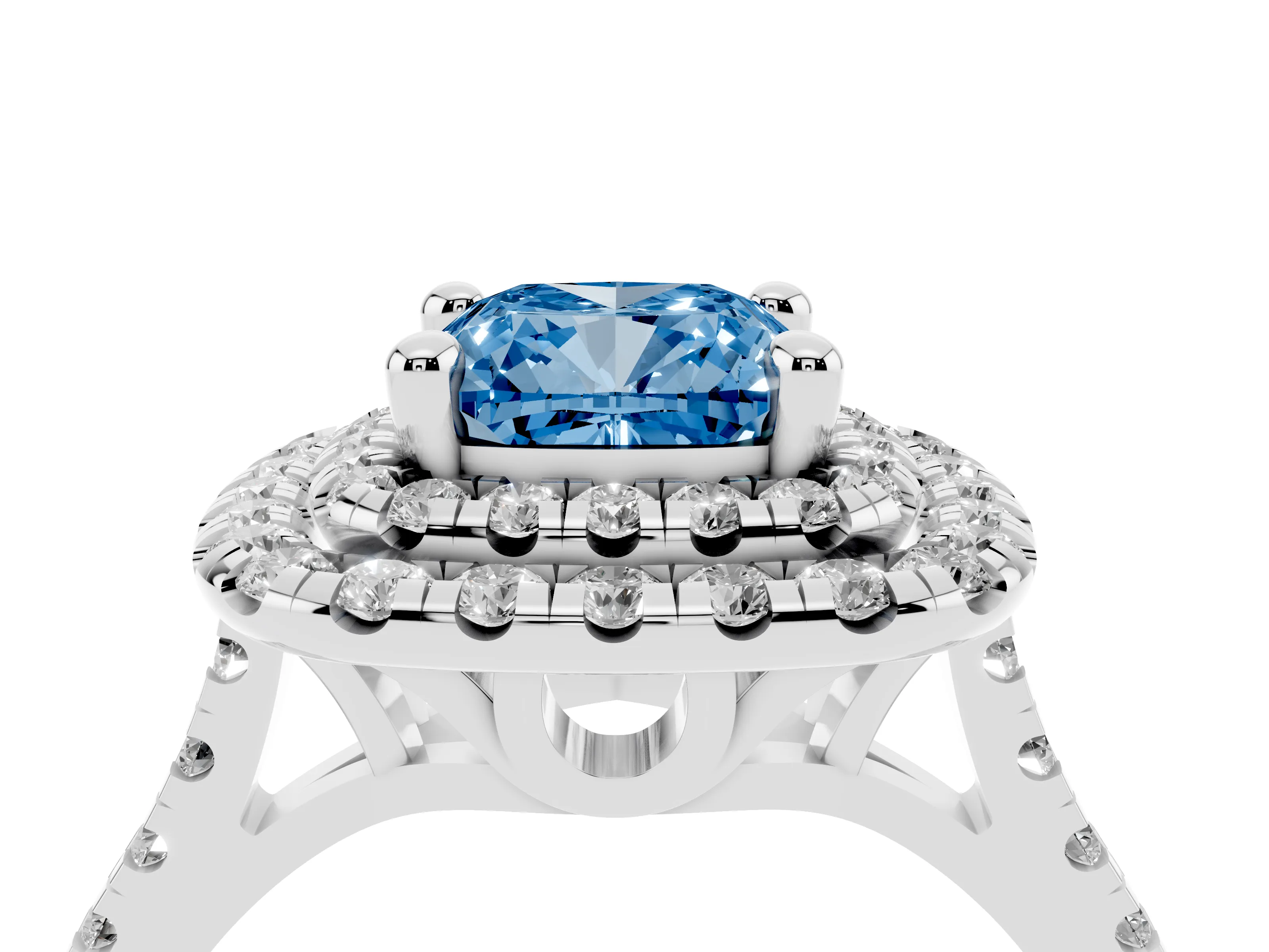 Fancy Blue Cushion Cut Diamond Double Halo Statement Ring Set in Platinum with Pavé Band