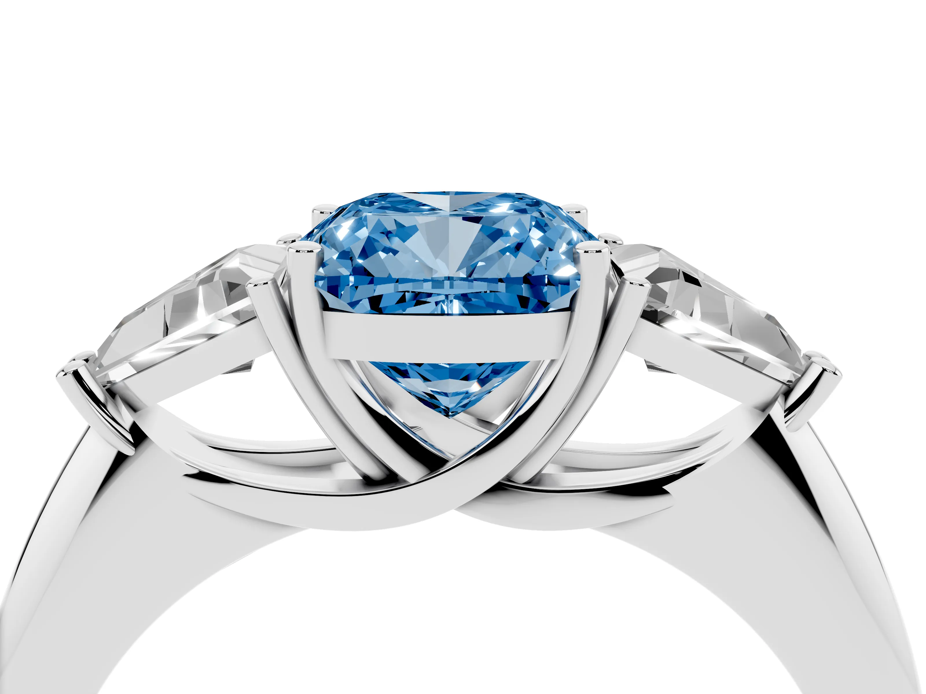 Fancy Blue Cushion Cut Diamond Three-Stone Engagement Ring Set in Silver with Trillion Side Stones