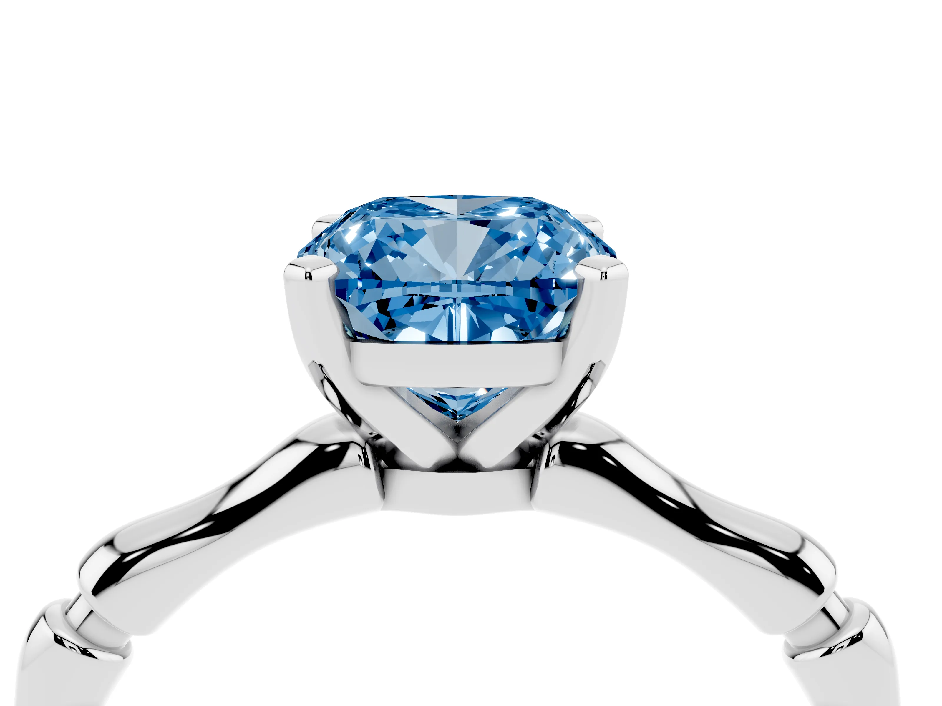 Fancy Blue Cushion Cut Diamond Solitaire Ring Set in White gold with Bamboo Band and Prong Setting
