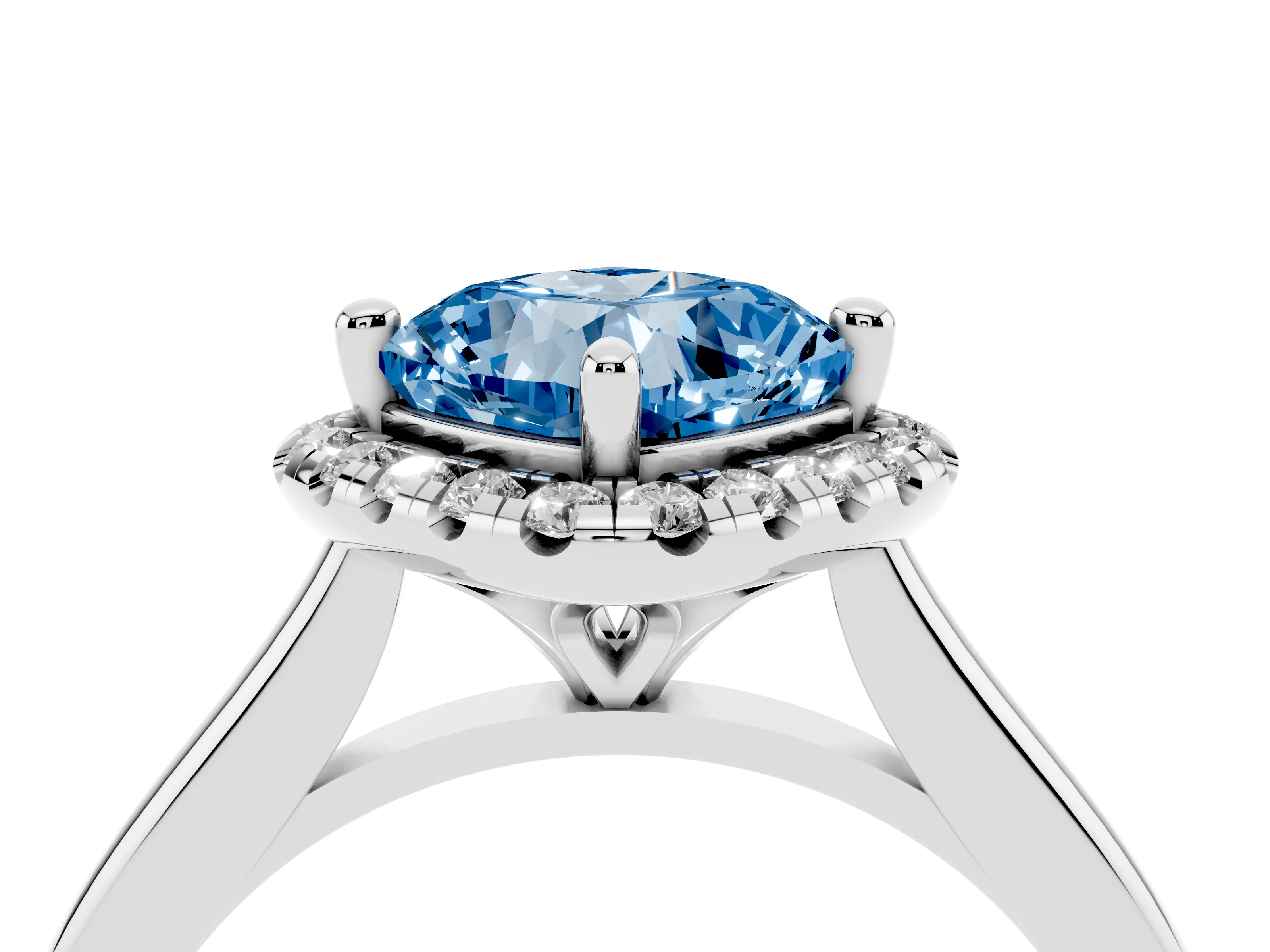 Fancy Blue Cushion Cut Diamond Halo Engagement Ring Set in Silver with Pavé Band and Rising Shoulders
