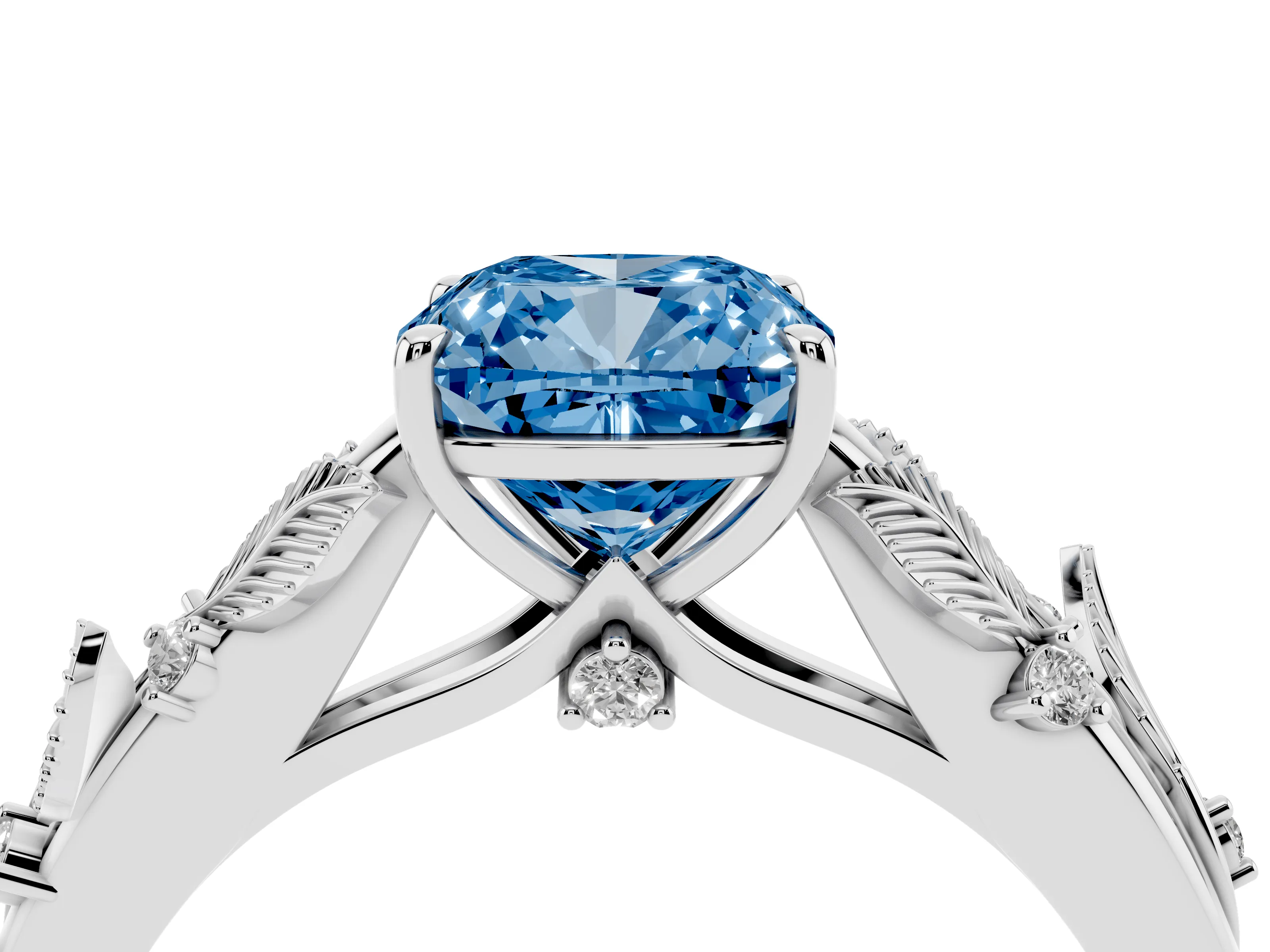 Fancy Blue Cushion Cut Diamond Solitaire Ring Set in Silver with Leaf Motif Band