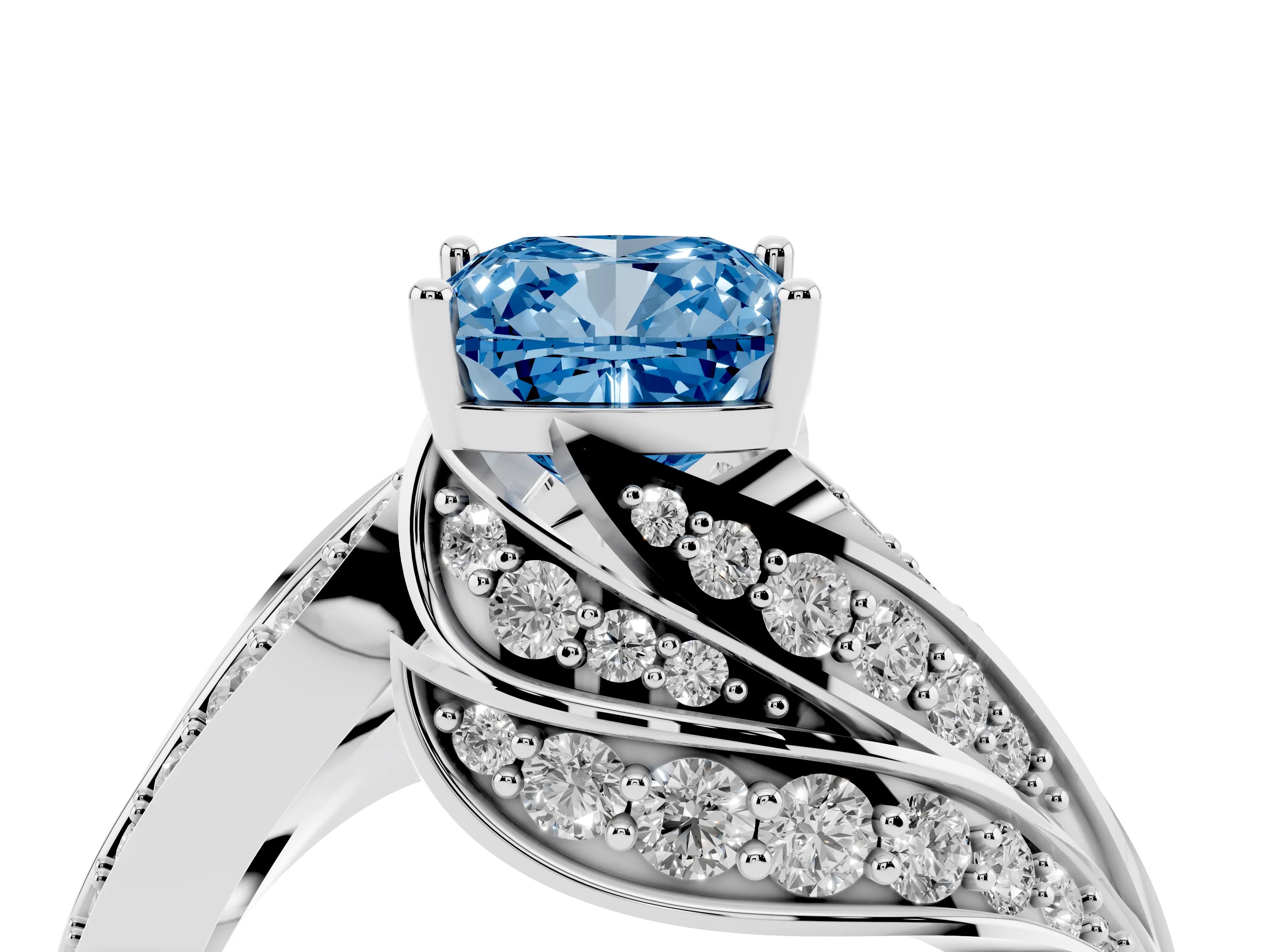 Fancy Blue Cushion Cut Diamond Solitaire Ring Set in Silver with Layered Twist Pavé Band