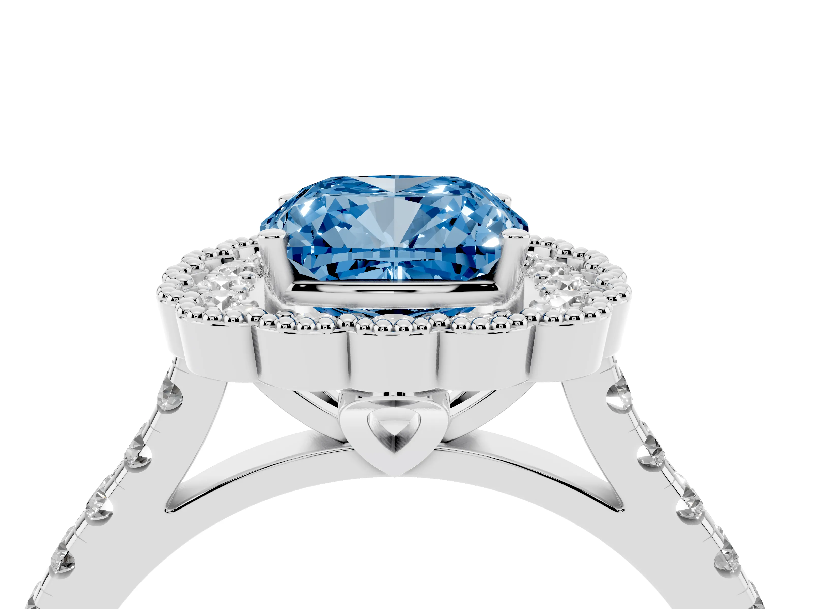 Fancy Blue Cushion Cut Diamond Milgrain Floral Halo Engagement Ring Set in White gold with Pavé Band