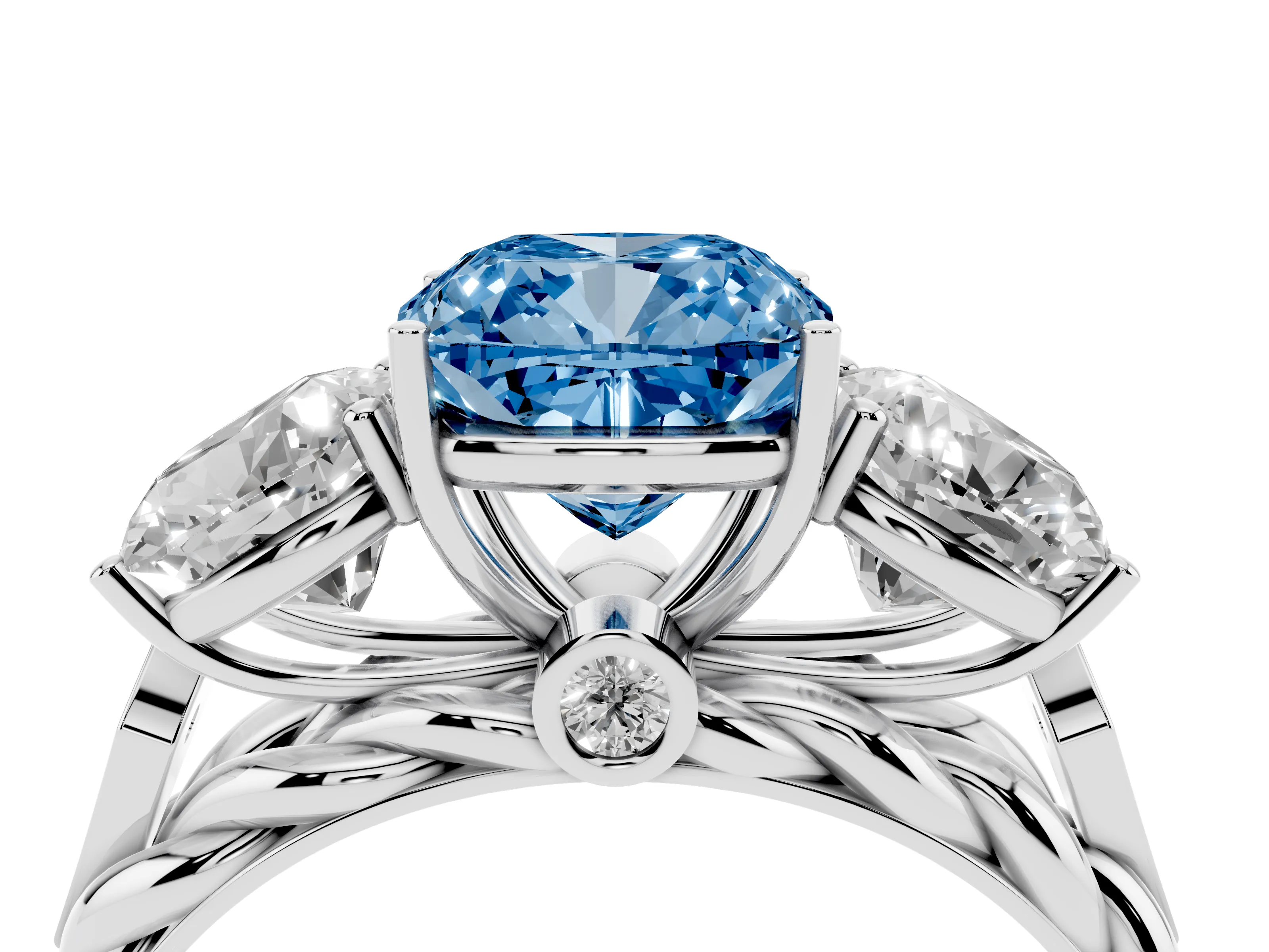Fancy Blue Cushion Cut Diamond Three-Stone Ring Set in Silver with Braided Band