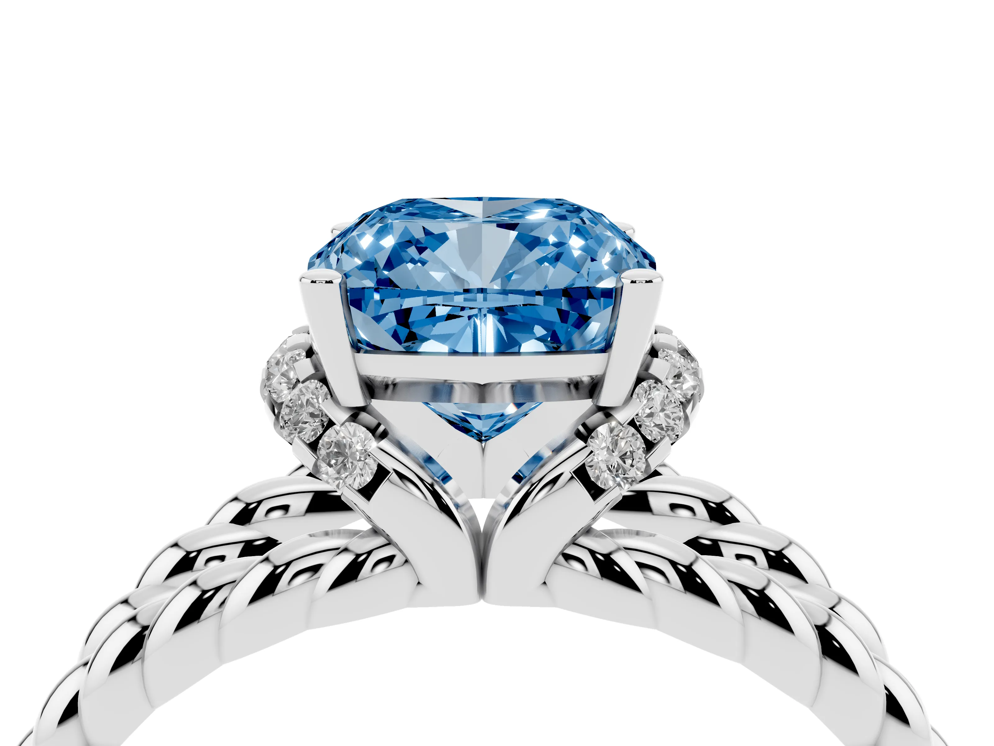 Fancy Blue Cushion Cut Diamond Halo Ring Set in White gold with Twisted Band and Prong Setting