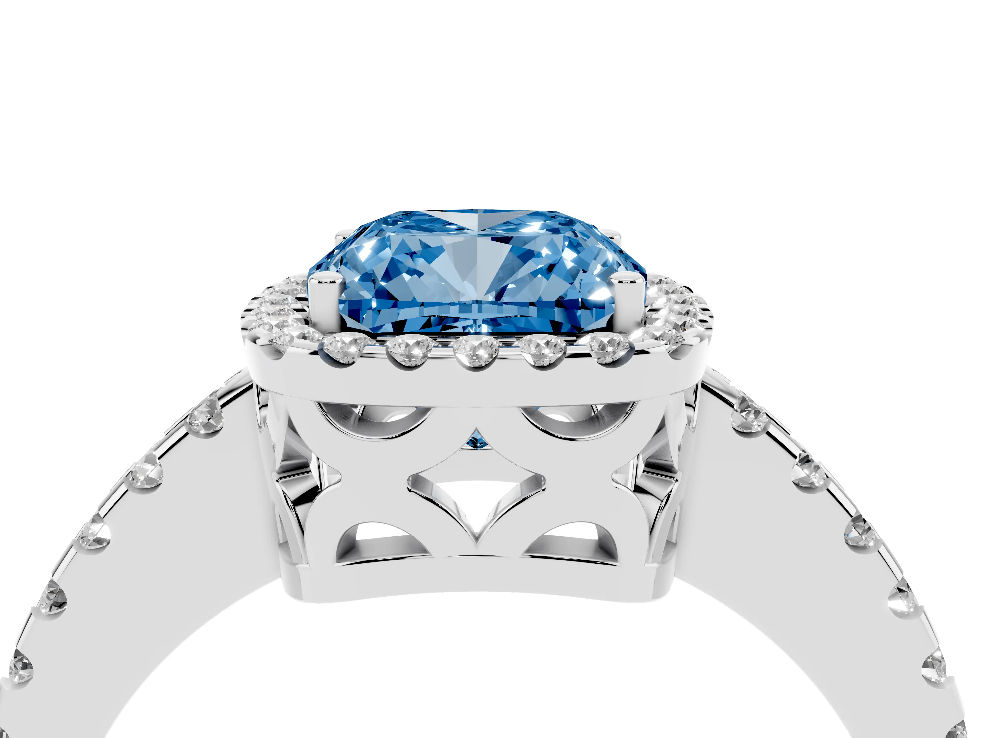 Fancy Blue Cushion Cut Diamond Halo Ring Set in Platinum with Pavé Shoulders and Halo-Framed Center