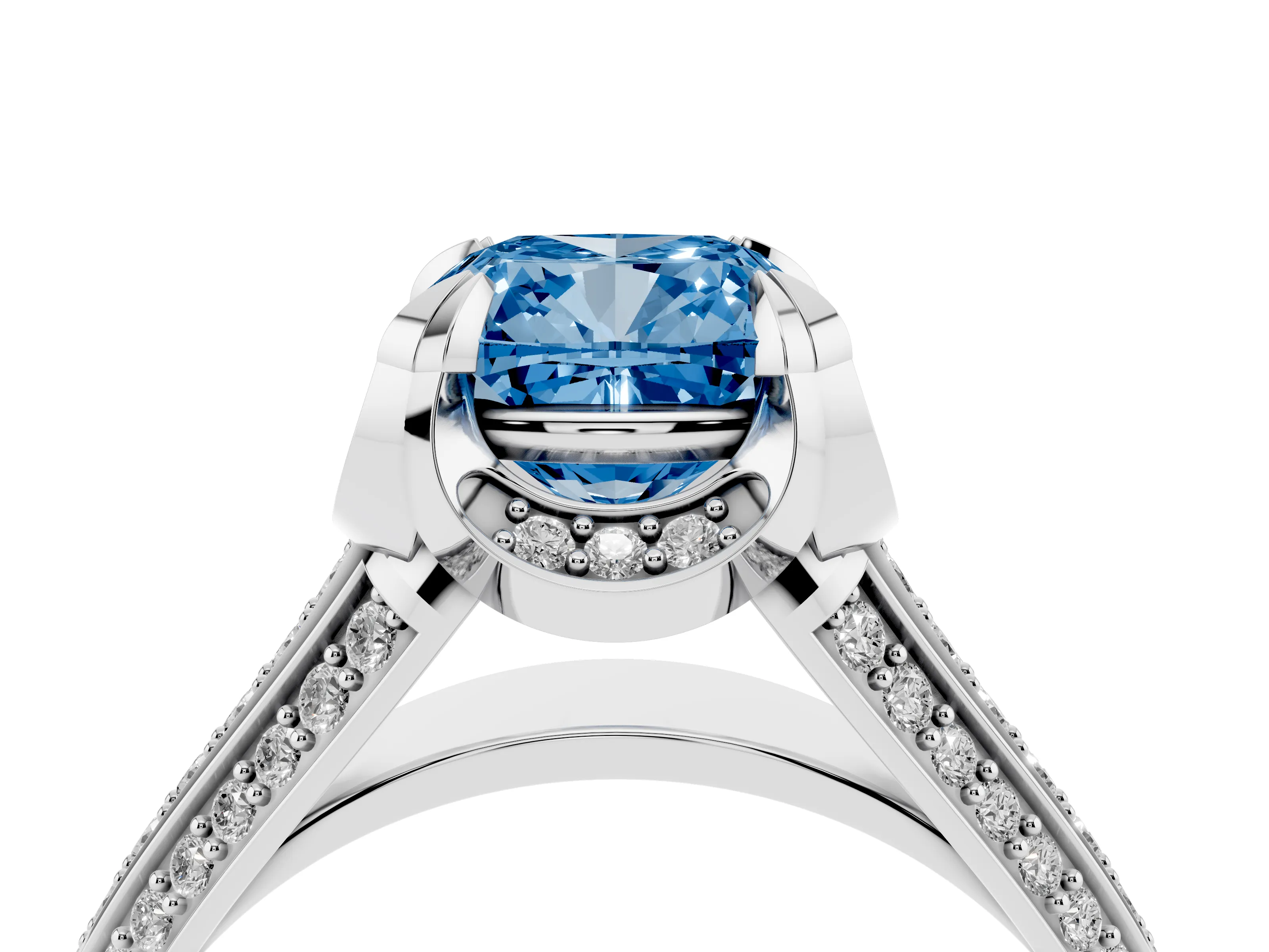 Fancy Blue Cushion Cut Diamond Pavé Split Shank Solitaire Ring Set in Platinum with Prong Setting