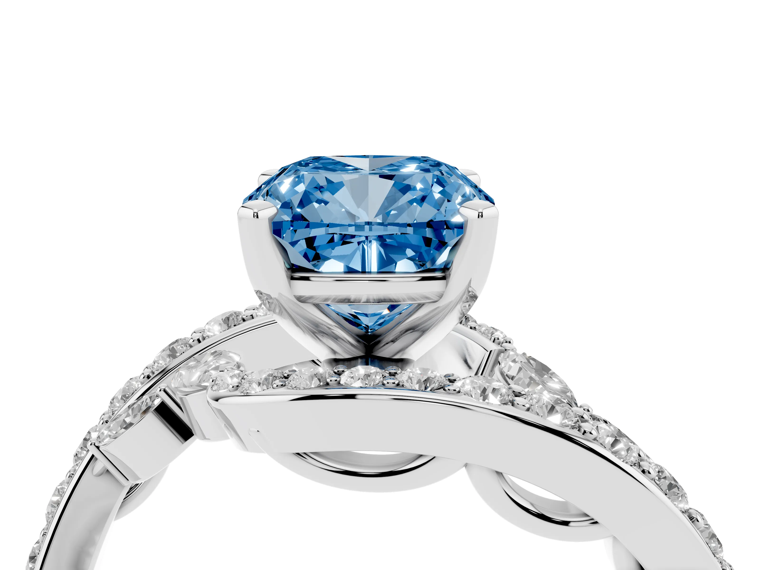 Fancy Blue Cushion Cut Diamond Solitaire Ring Set in White gold with Pavé Twist Band and Secure Prong Setting