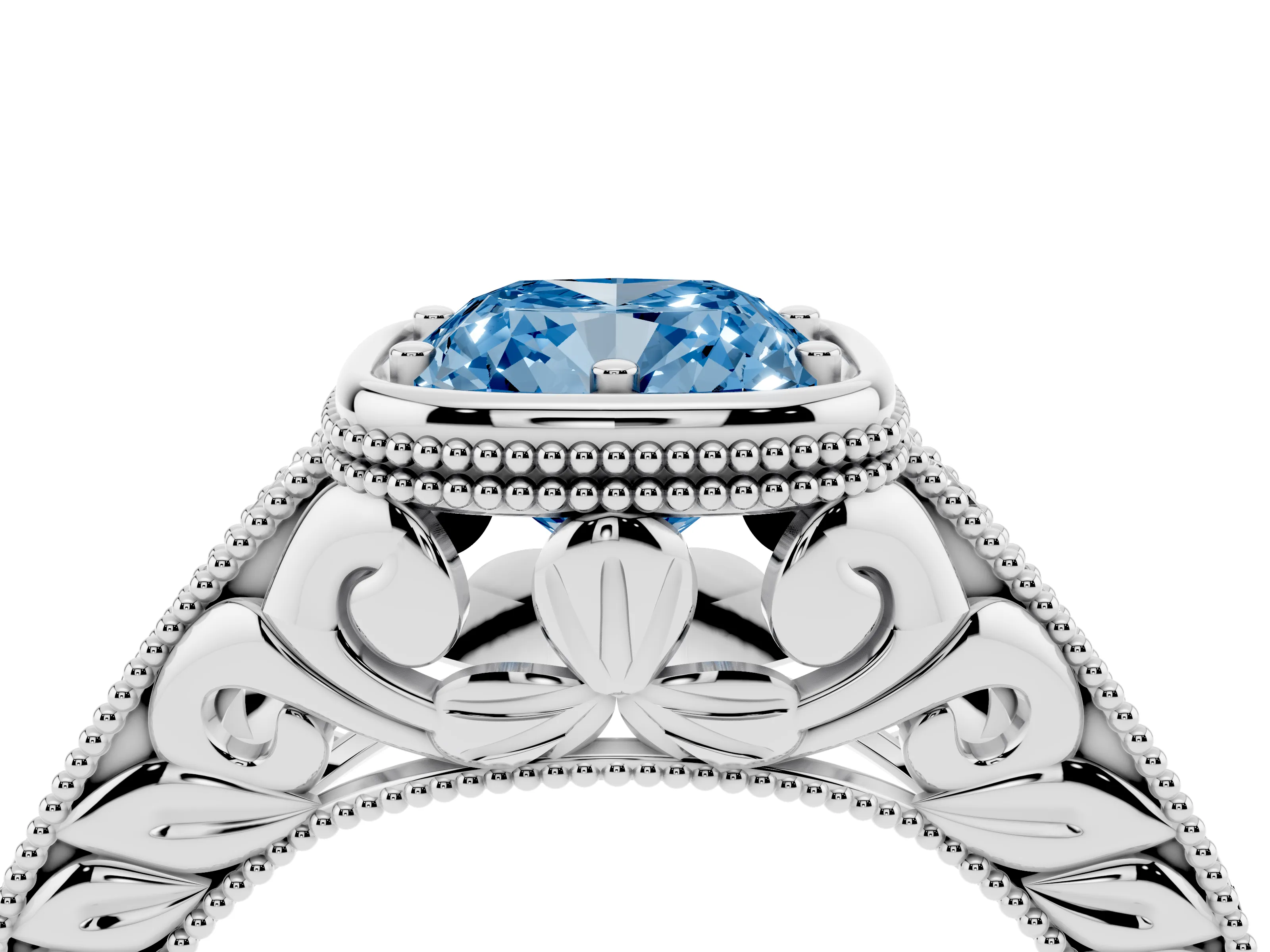 Fancy Blue Bezel Set Cushion Cut Diamond Milgrain Pavé Engagement Ring Set in White gold