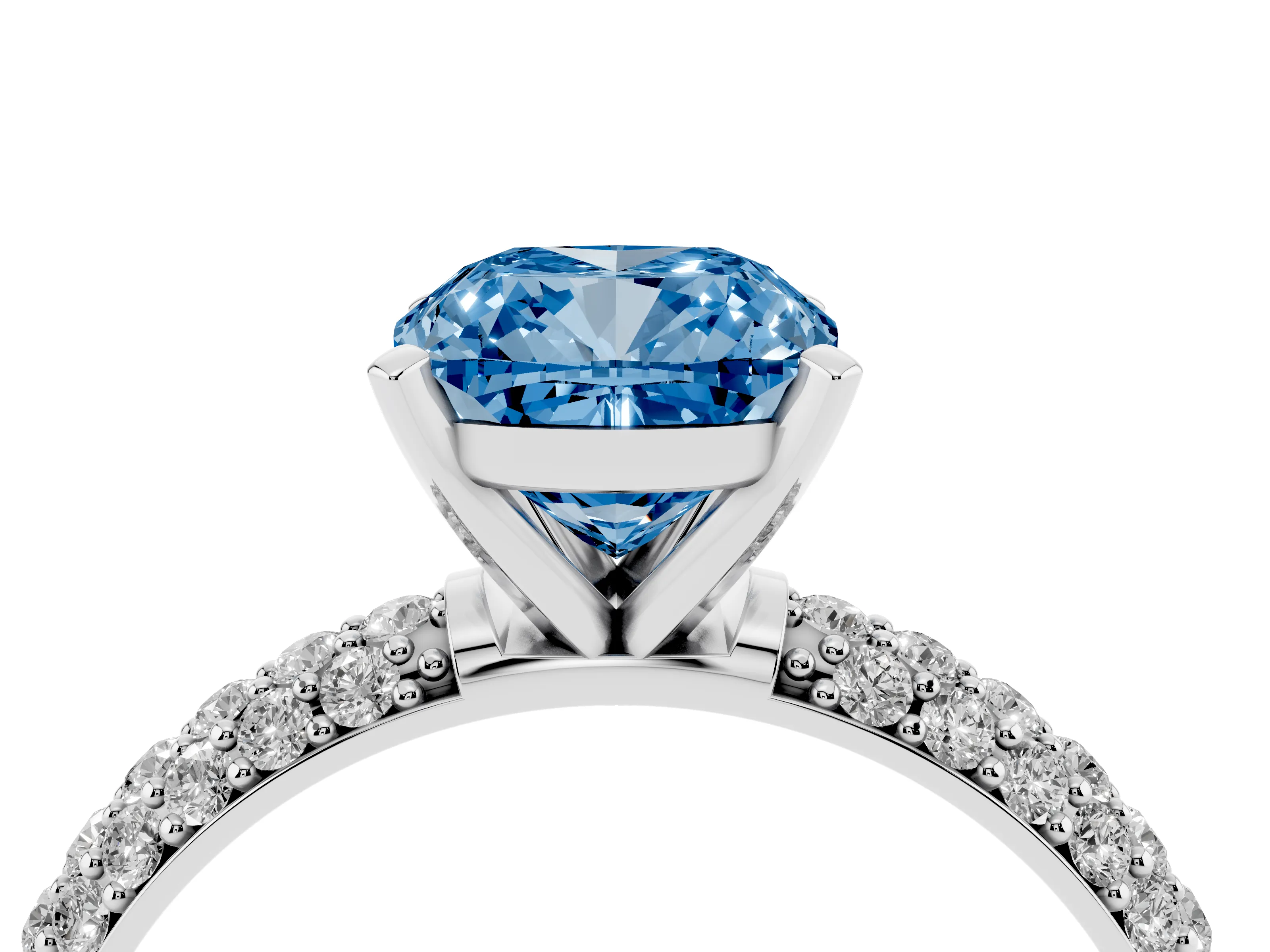 Fancy Blue Cushion Cut Diamond Solitaire Ring Set in White gold with Prong Setting and Pavé-Set Band
