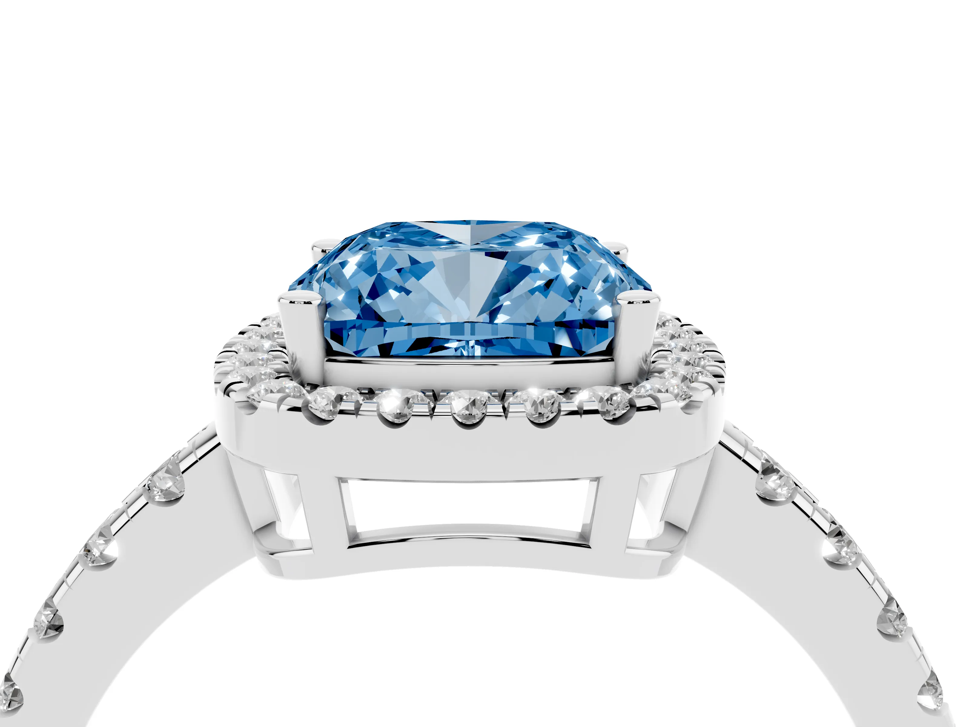 Fancy Blue Cushion Cut Diamond Halo Ring Set in White gold with Delicate Pavé Band and Prong Setting