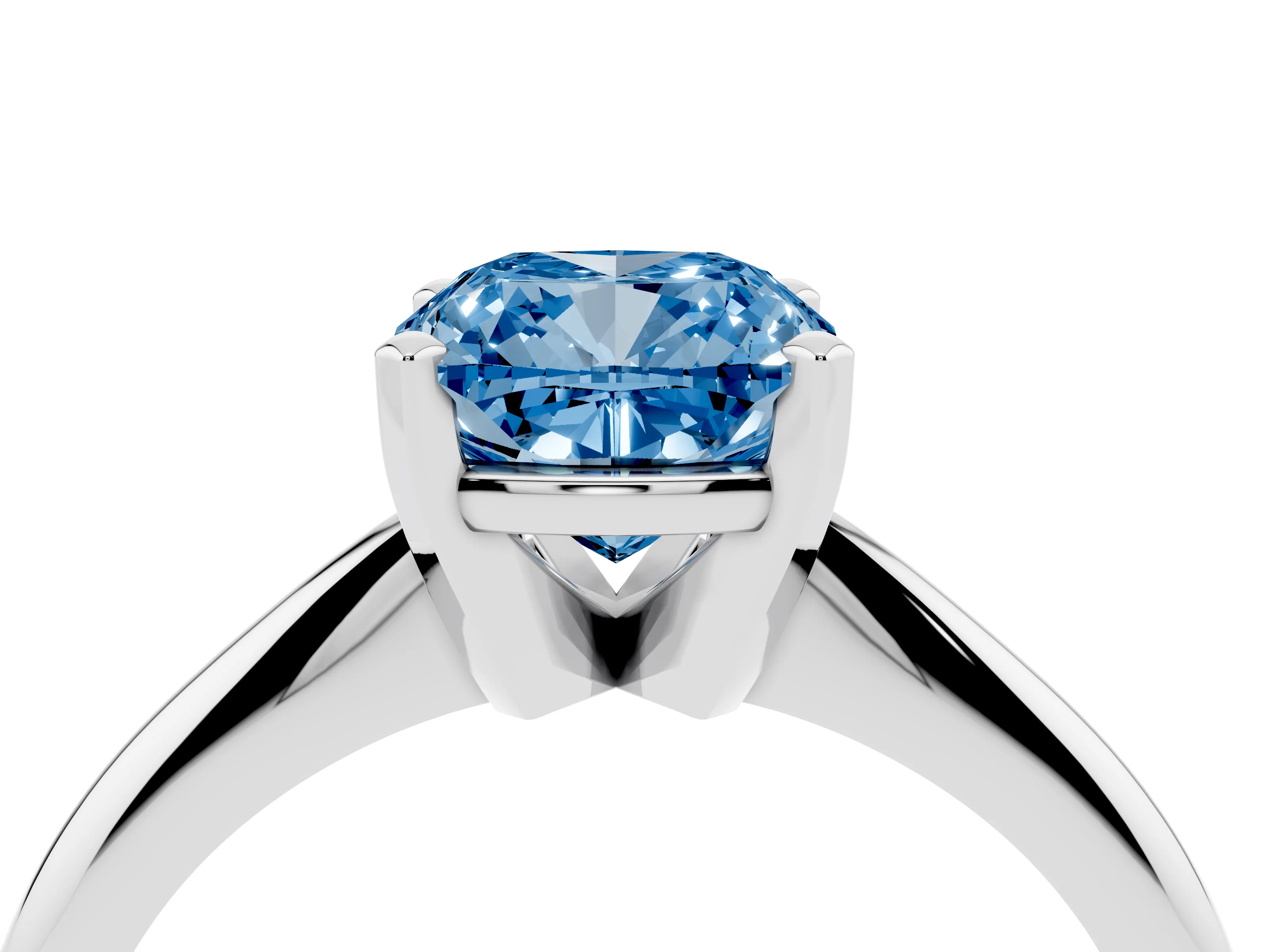 Fancy Blue Cushion Cut Diamond Solitaire Ring Set in Platinum with Prong Setting on a Plain Round Band