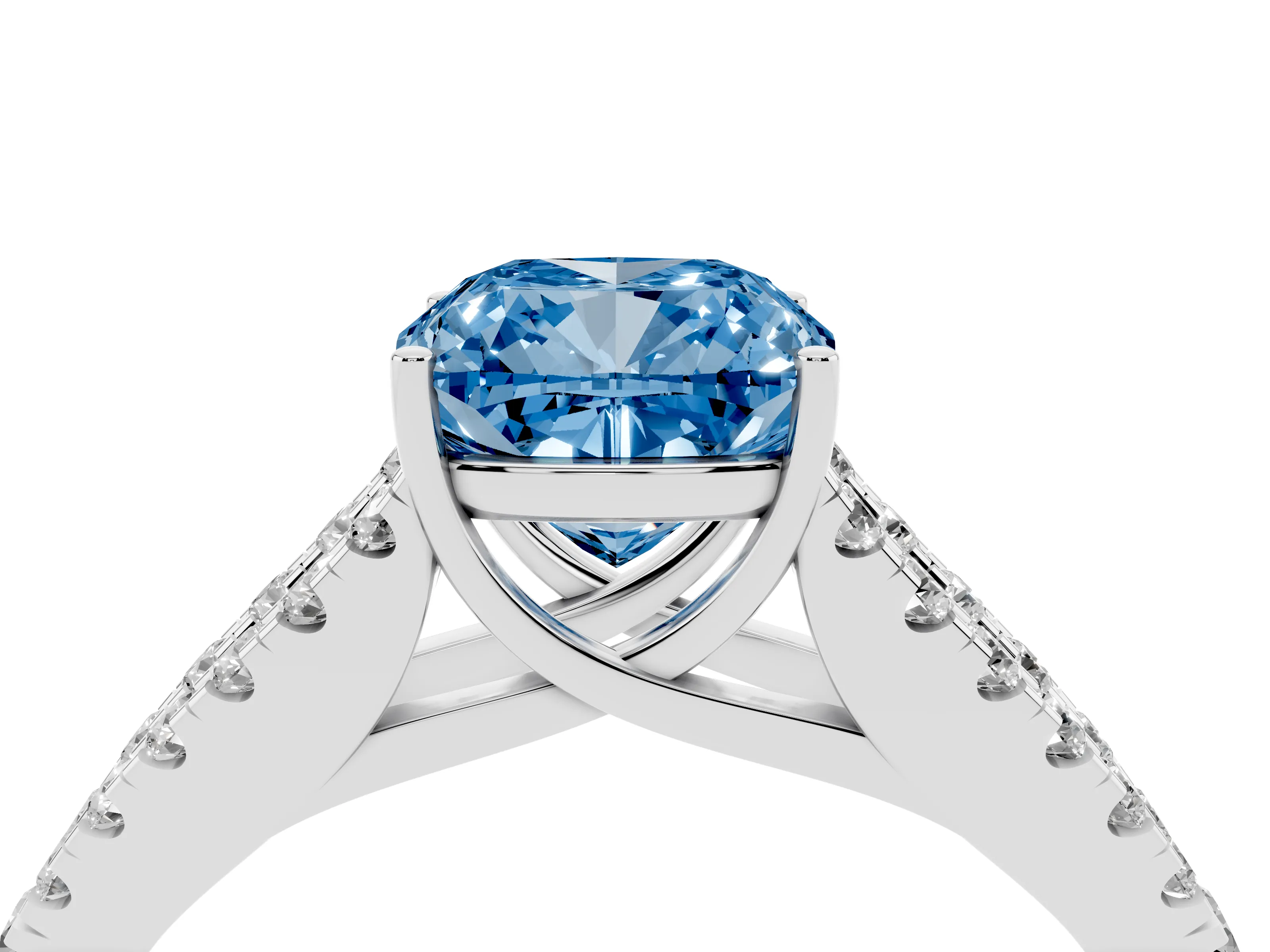 Fancy Blue Cushion Cut Diamond Split Shank Pavé Engagement Ring Set in Silver with Prong-Held Center Stone