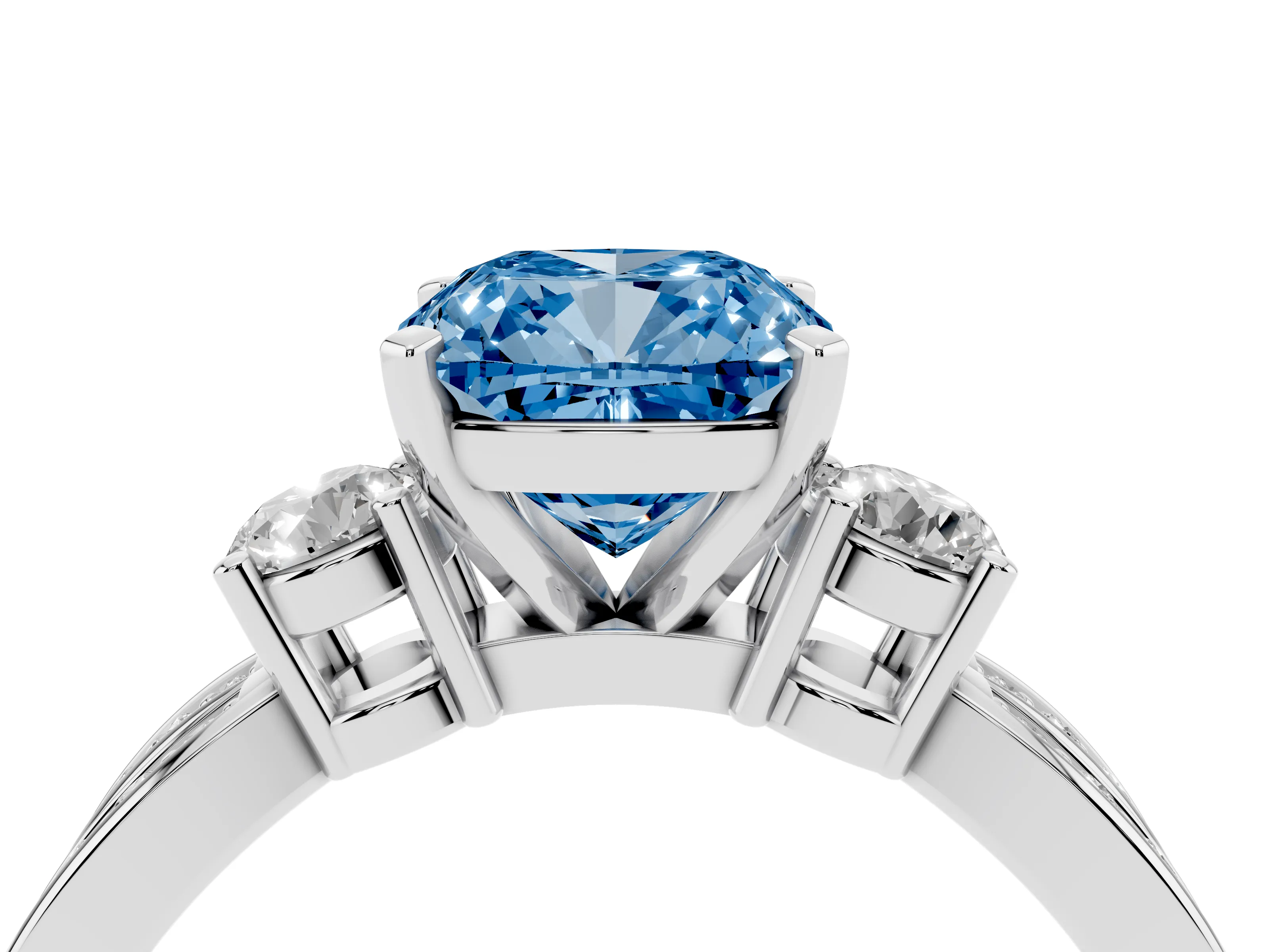 Fancy Blue Three-Stone Cushion Cut Diamond Twist Band Ring Set in Silver with Pavé Accents and Prong Setting